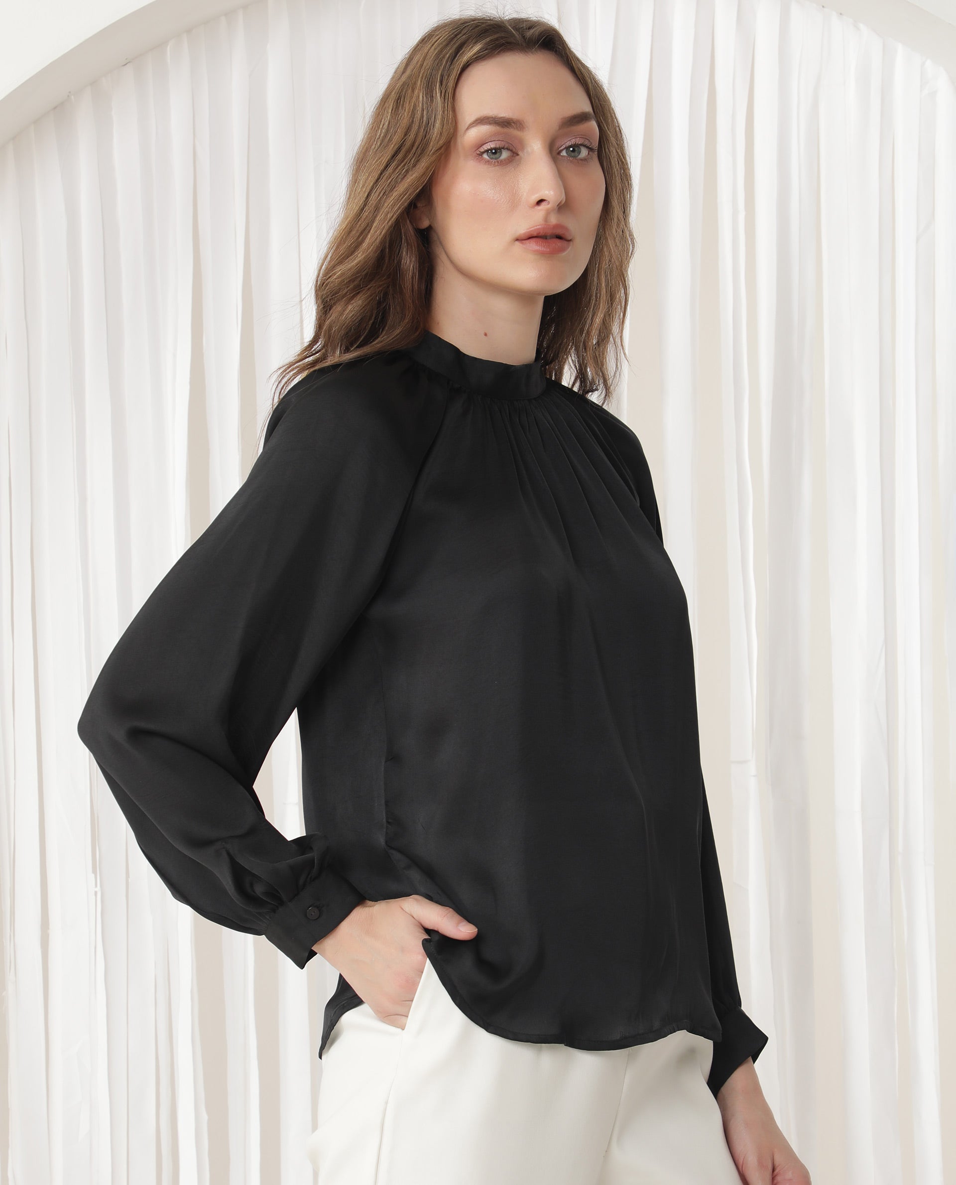 Women'S Kaylinn Black Polyester Fabric Relaxed Fit High Neck Full Sleeves Solid Top