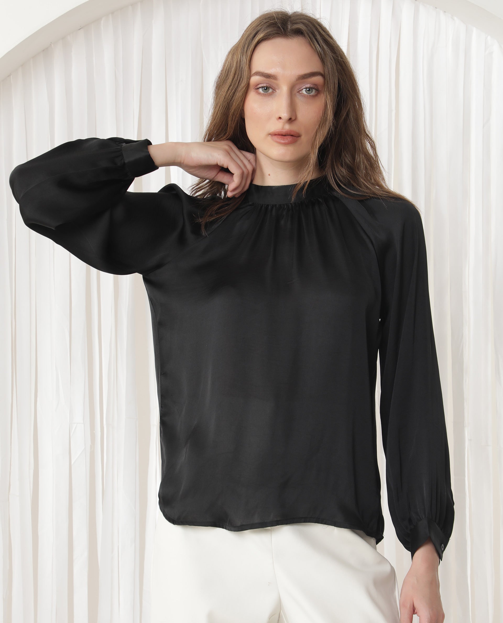 Women'S Kaylinn Black Polyester Fabric Relaxed Fit High Neck Full Sleeves Solid Top