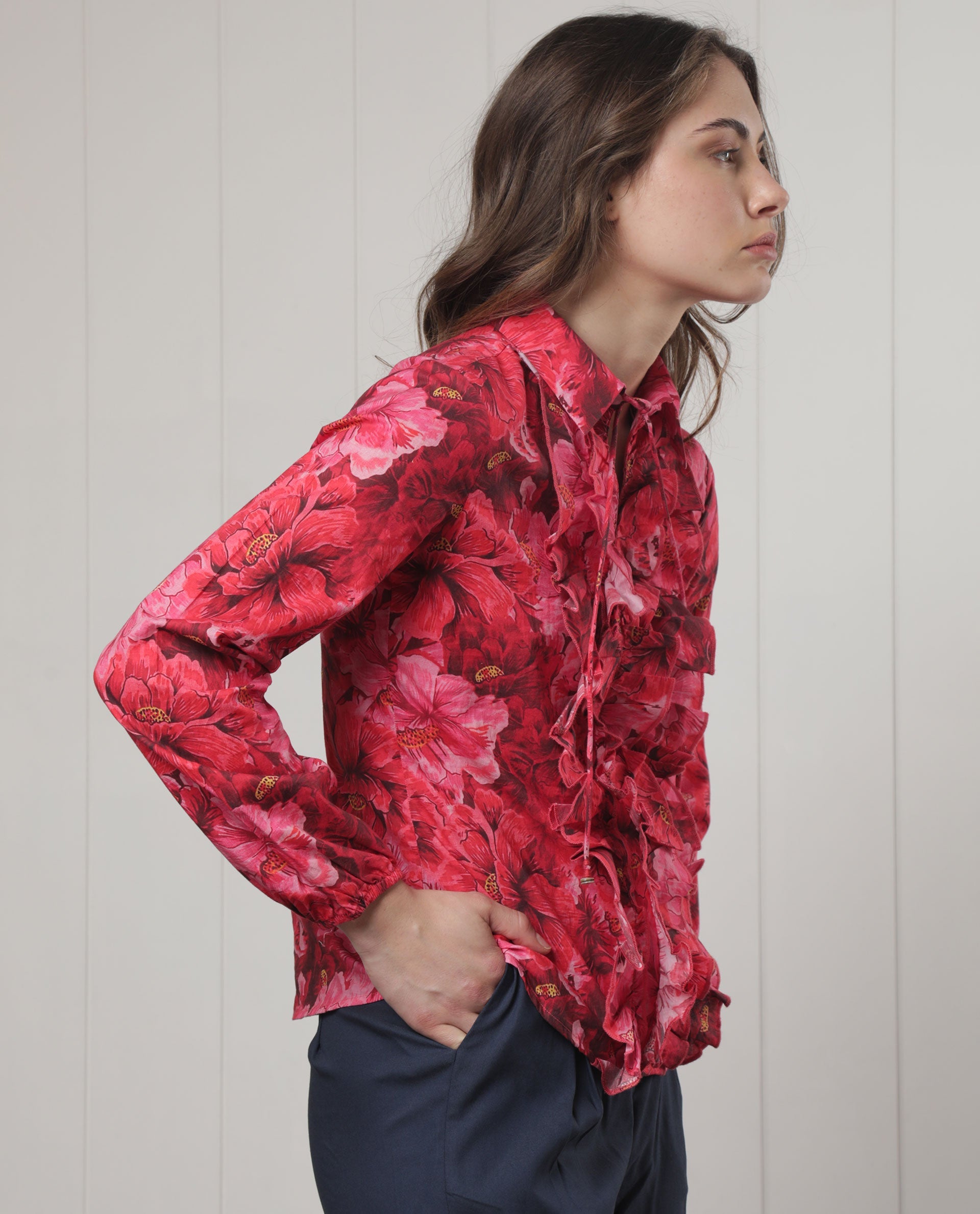 Women'S Orney Maroon Cotton Fabric Full Sleeves Button Closure Shirt Collar Volume Sleeve Regular Fit Floral Print Top