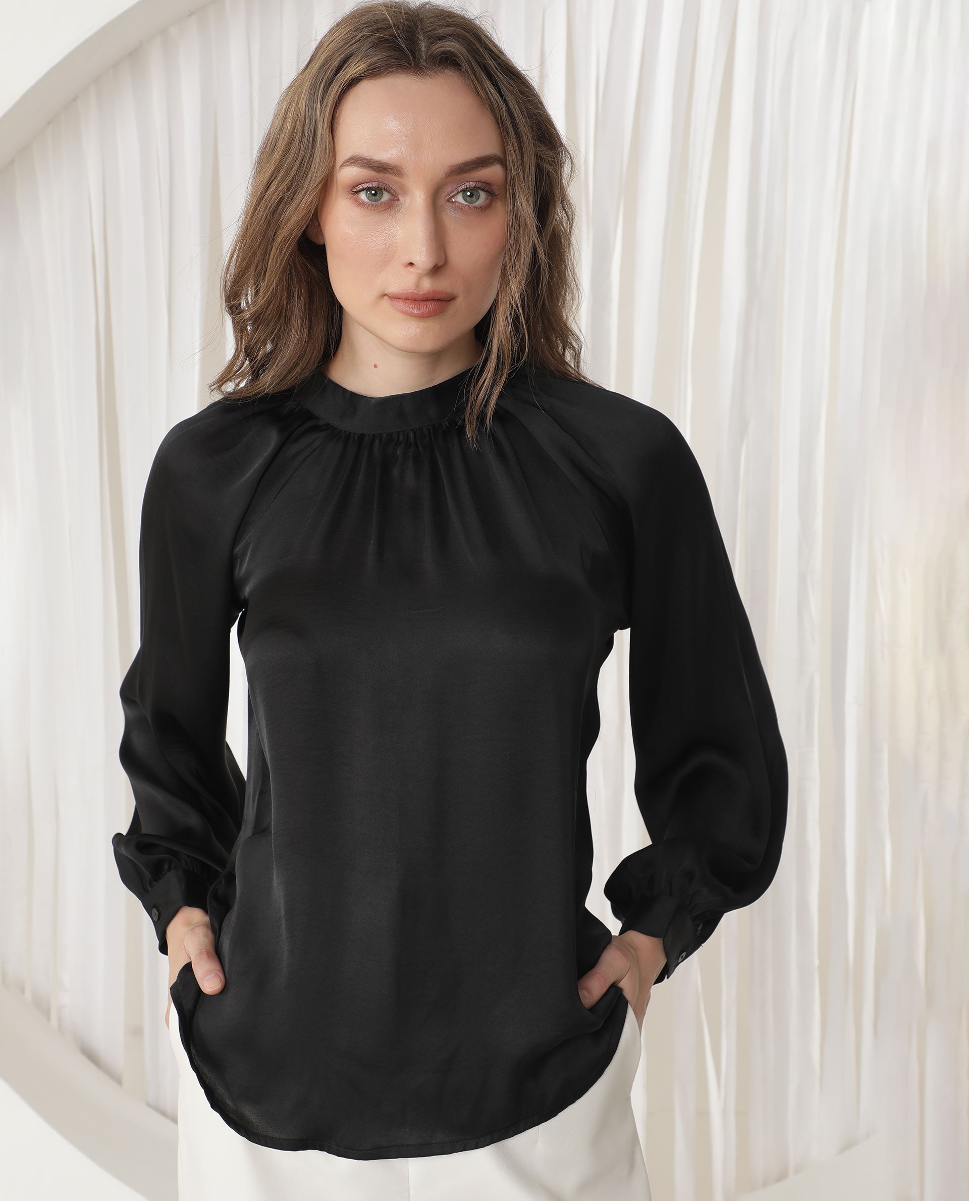 Women'S Kaylinn Black Polyester Fabric Relaxed Fit High Neck Full Sleeves Solid Top