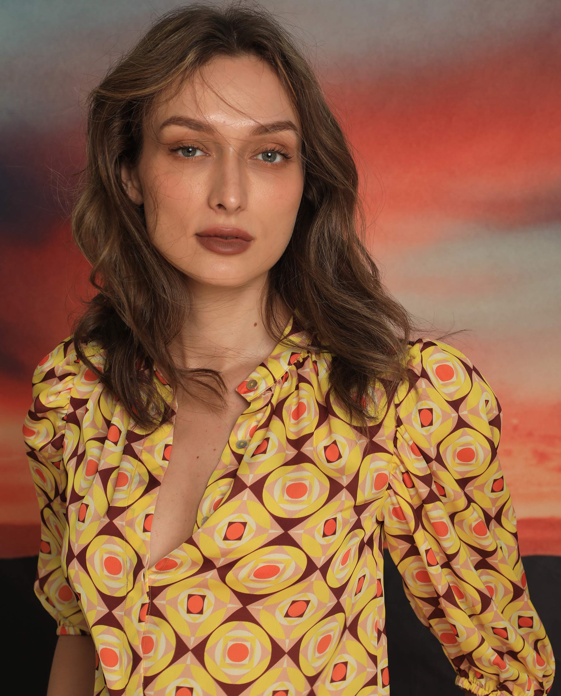 Women'S Mason Yellow Polyester Fabric 3/4Th Sleeves Mandarin Collar Balloon Sleeve Regular Fit Geometric Print Top