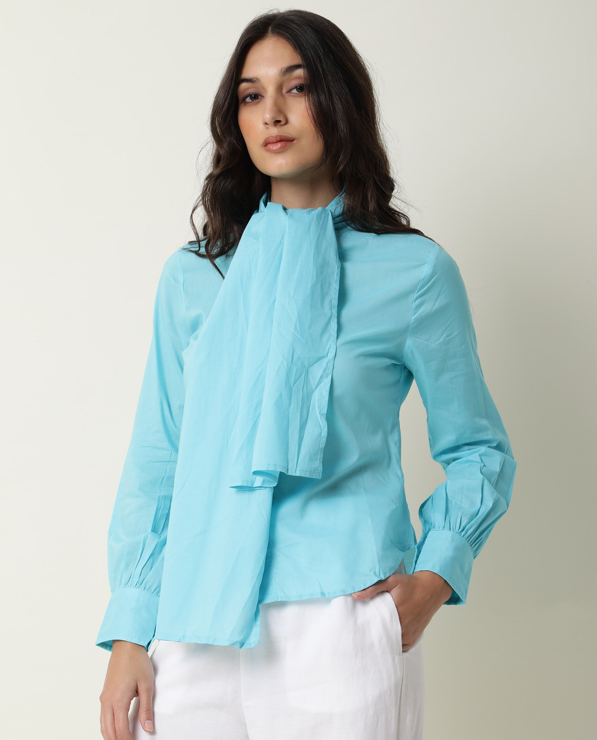 Womens Flame Blue Top Cotton Fabric Full Sleeves Tie Up Neckline