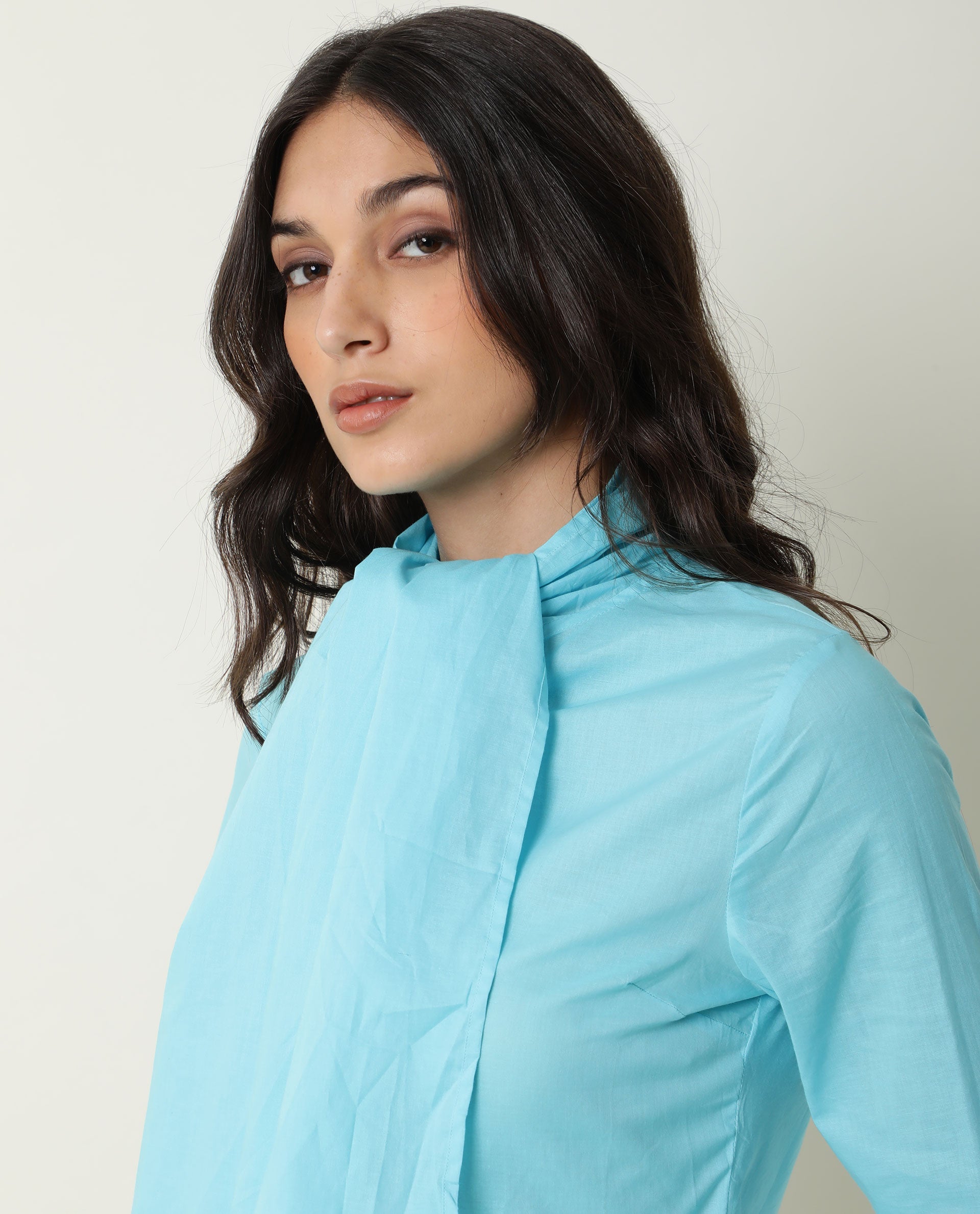 Womens Flame Blue Top Cotton Fabric Full Sleeves Tie Up Neckline