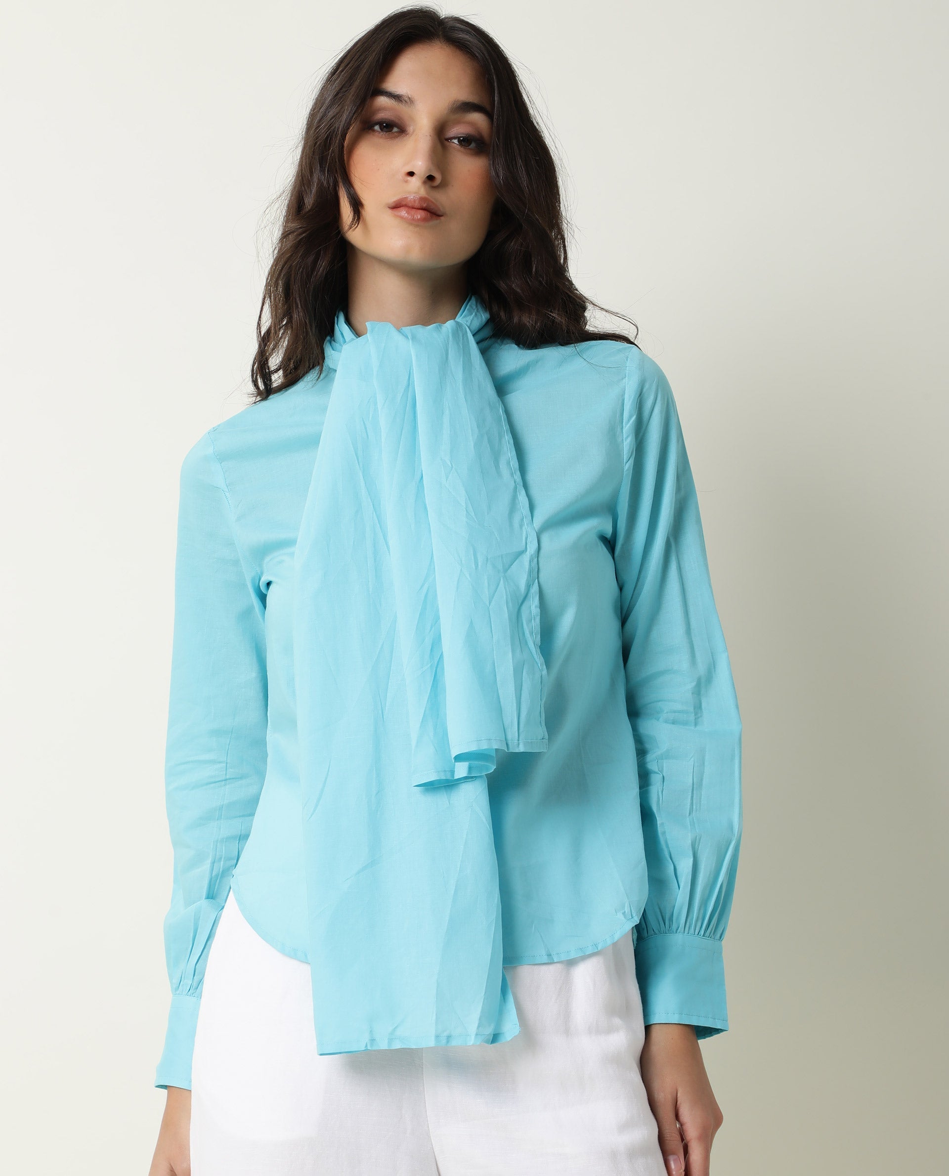 Womens Flame Blue Top Cotton Fabric Full Sleeves Tie Up Neckline