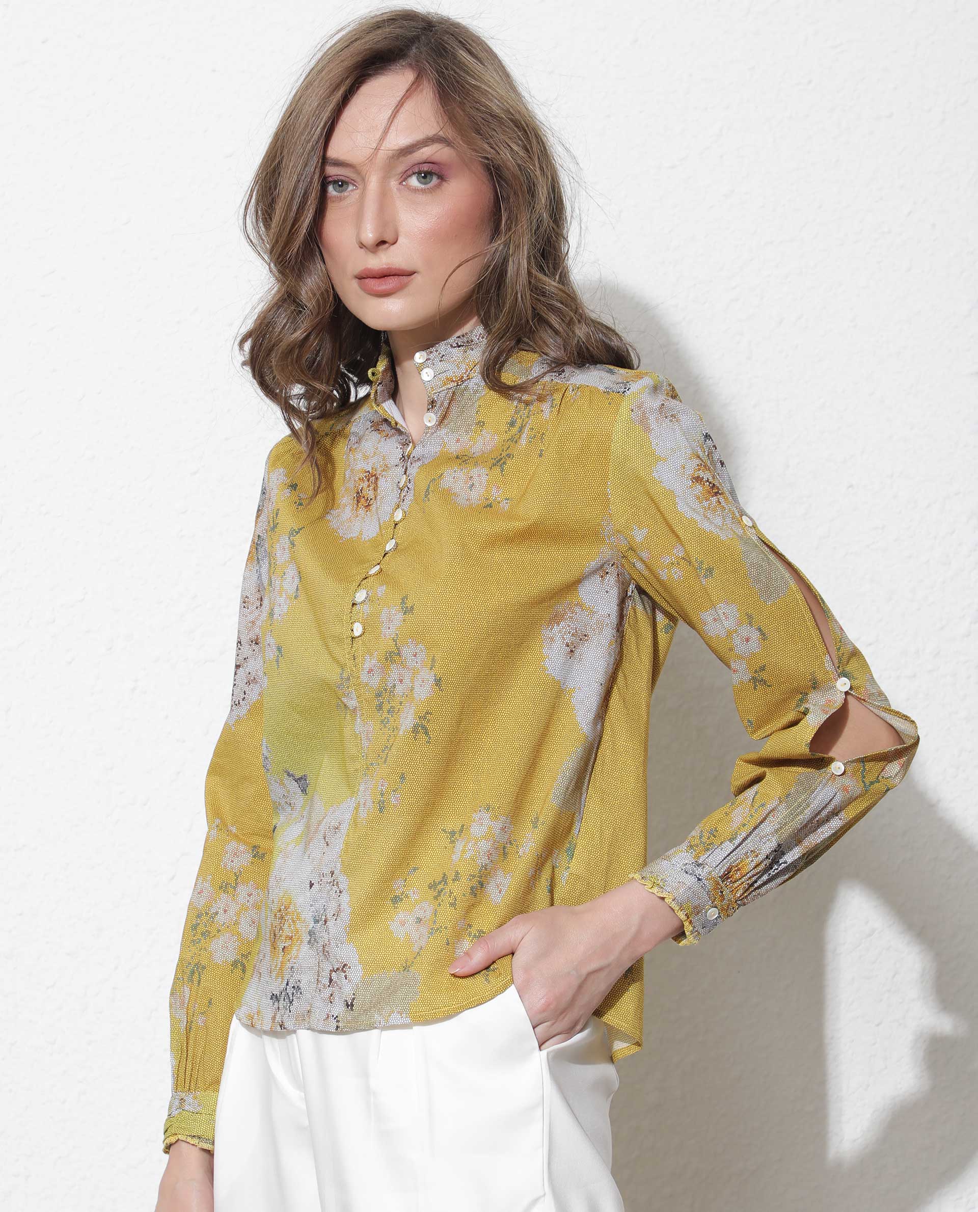 Women'S Morgan Dark Yellow Cotton Fabric Regular Fit High Neck Full Sleeves Floral Print Top