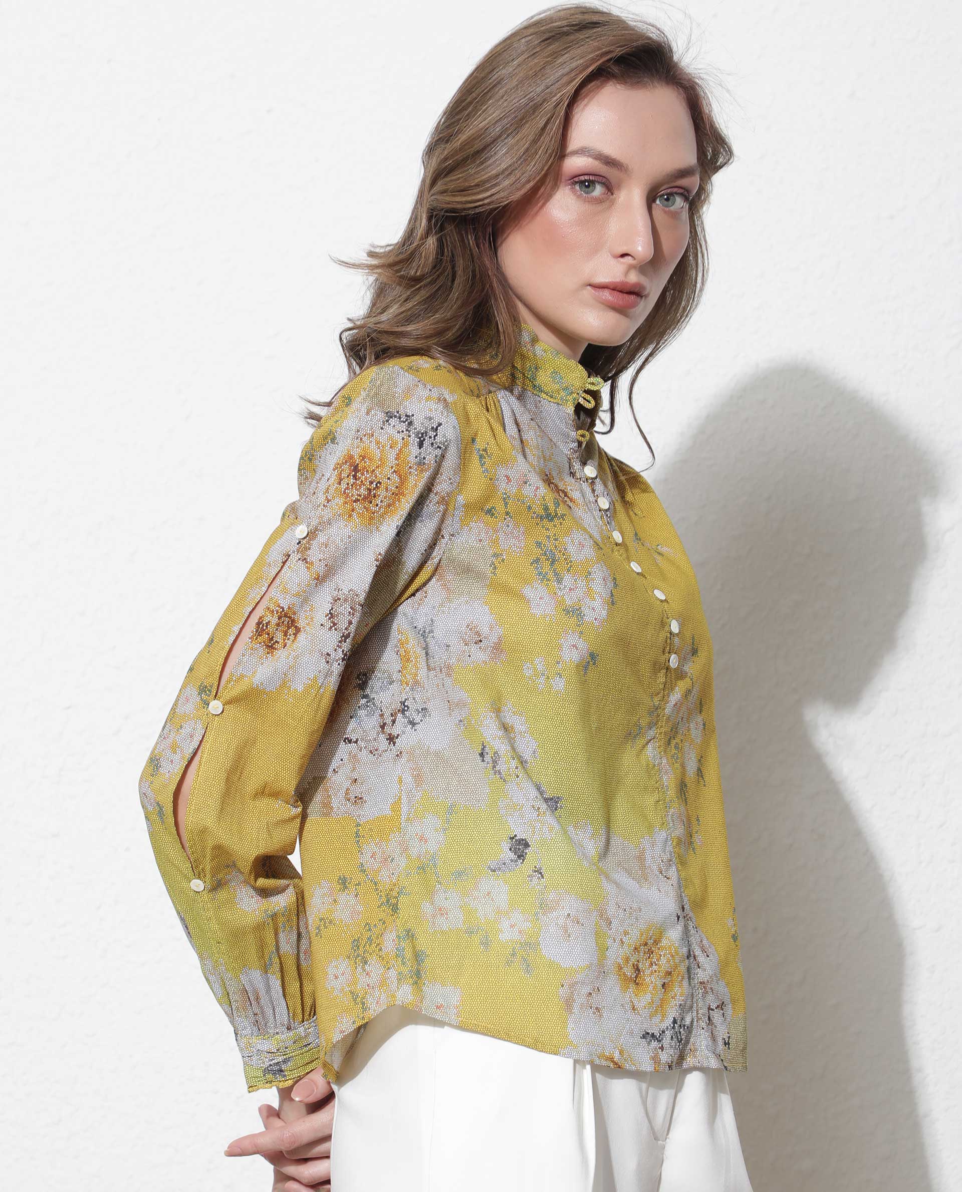 Women'S Morgan Dark Yellow Cotton Fabric Regular Fit High Neck Full Sleeves Floral Print Top