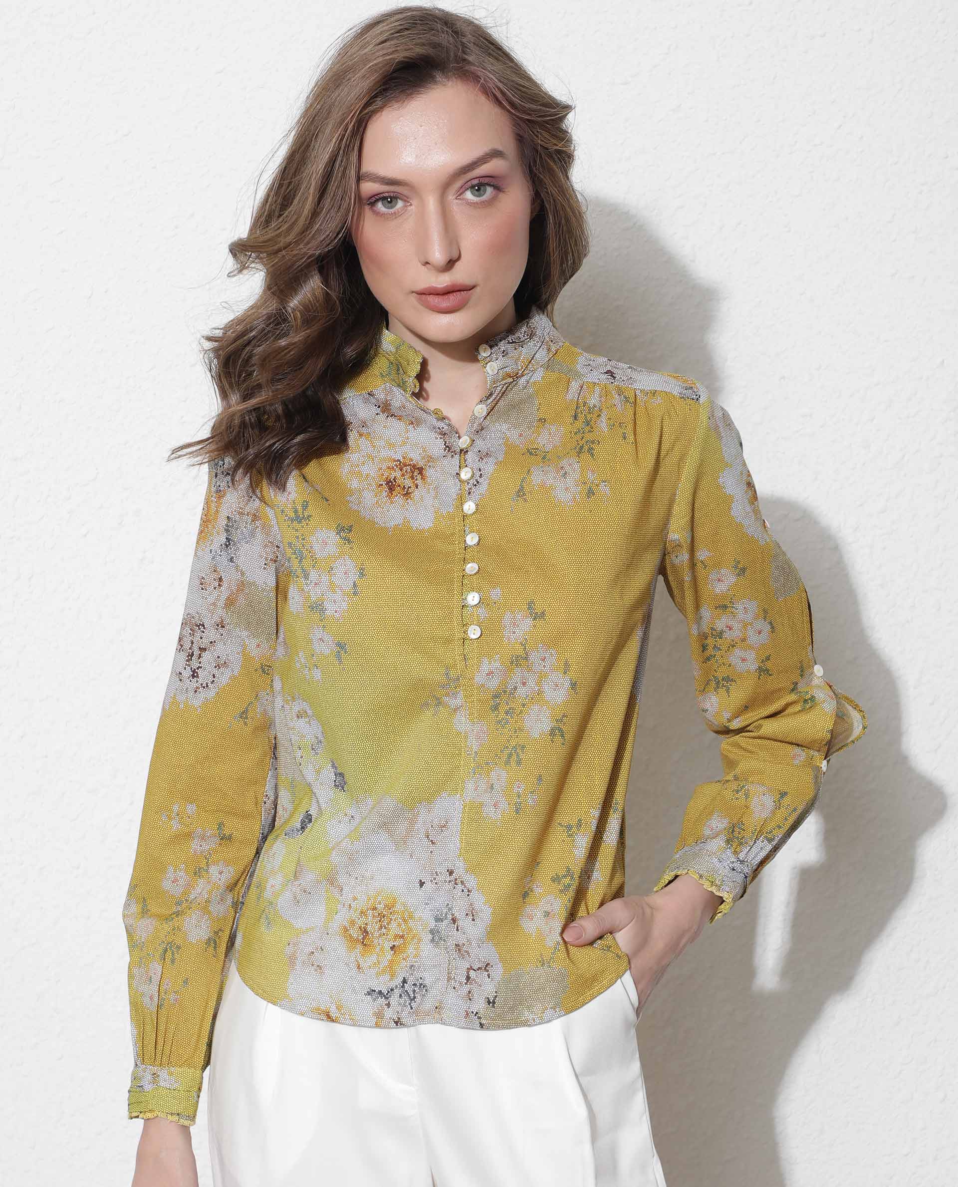 Women'S Morgan Dark Yellow Cotton Fabric Regular Fit High Neck Full Sleeves Floral Print Top