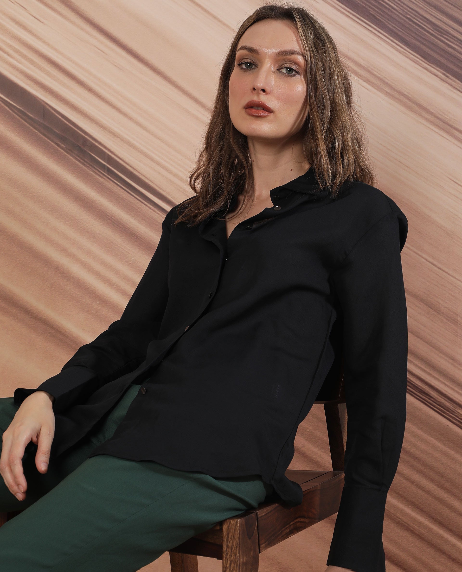 Women'S Harper Black Modal Fabric Regular Fit Shirt Collar Full Sleeves Solid Top