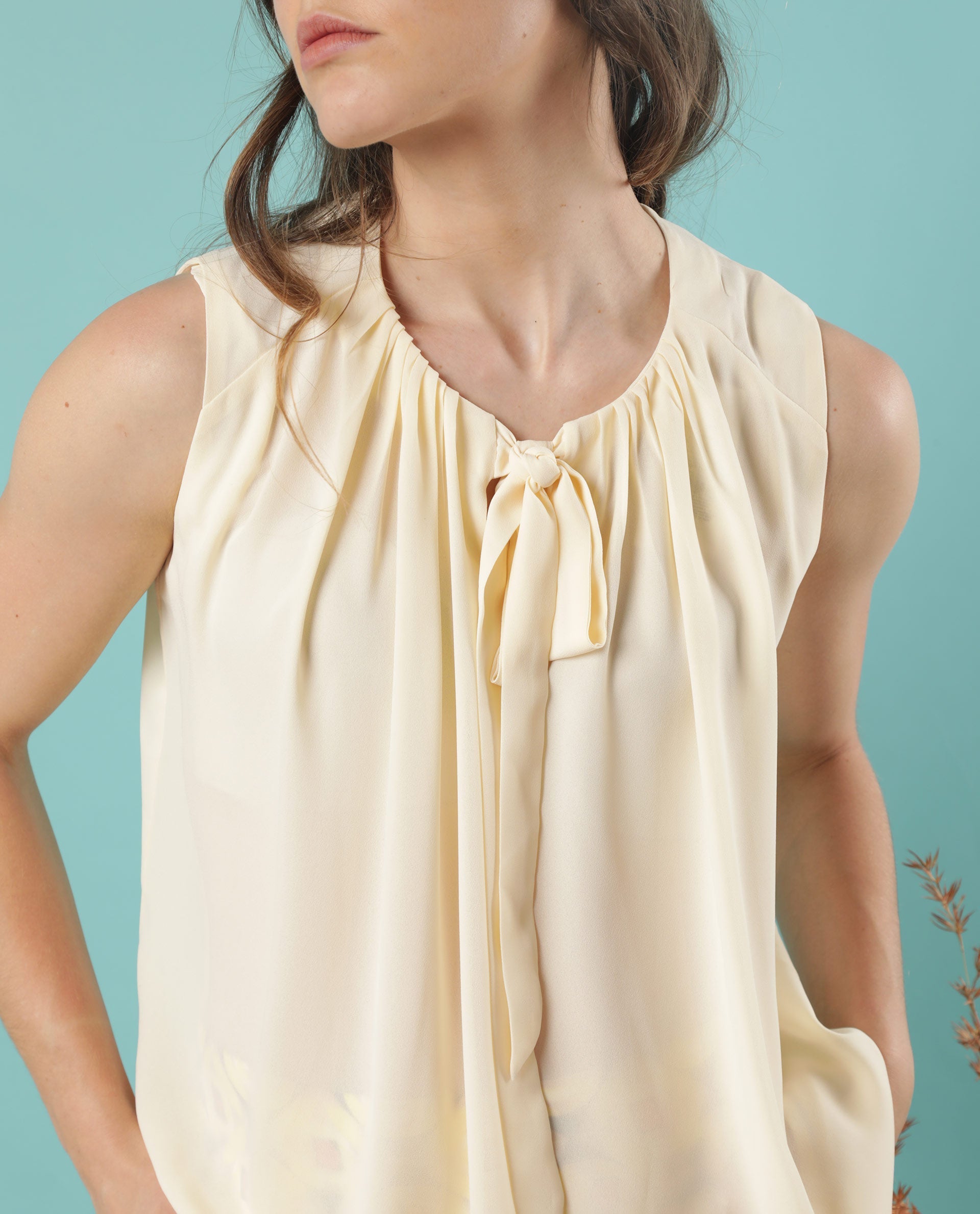 Women'S Beverly Beige Polyester Fabric Tie-Up Neck Sleeveless Relaxed Fit Plain Top