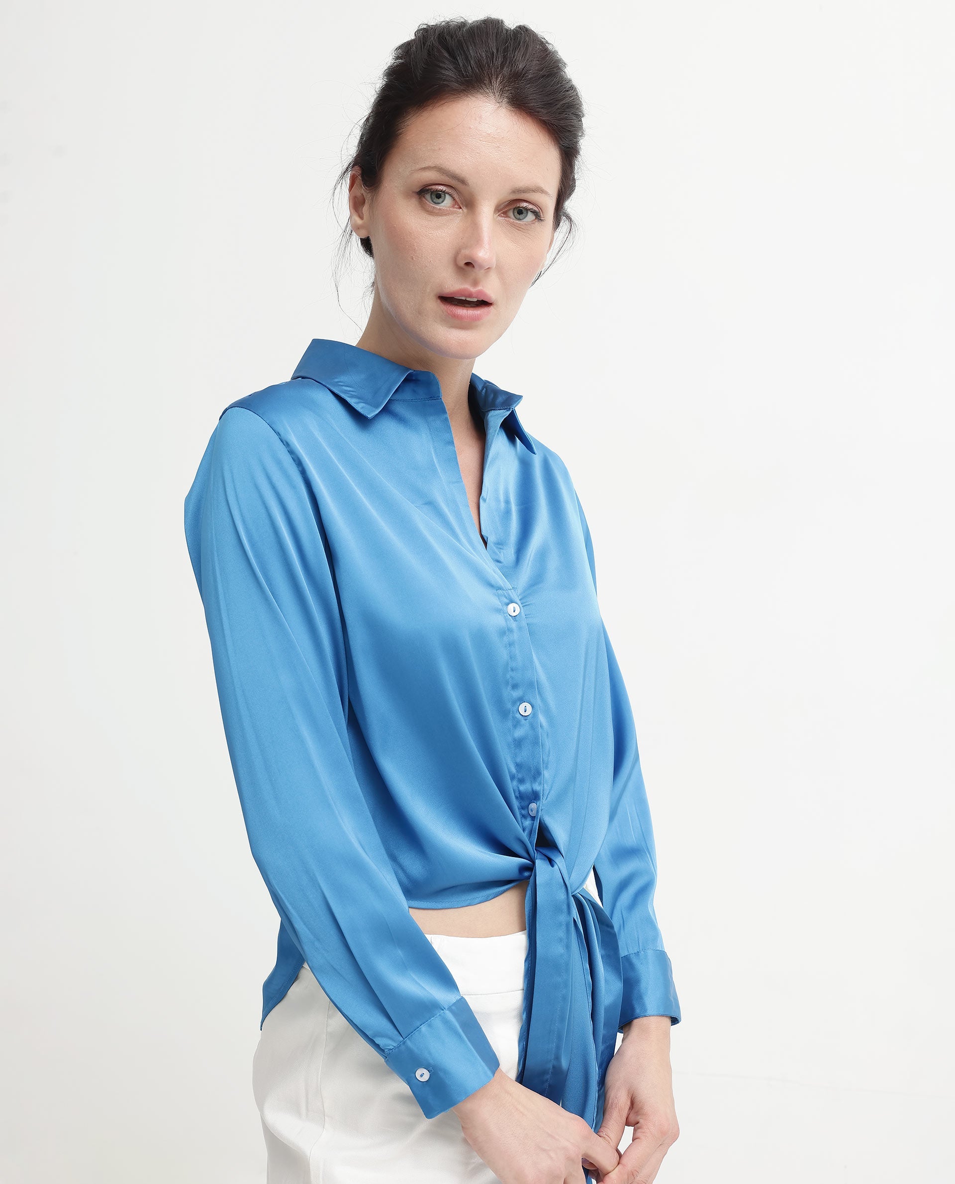 Women'S Irteen Flouroscent Blue Polyester Fabric Regular Sleeves Collared Neck Solid Regular Length Top