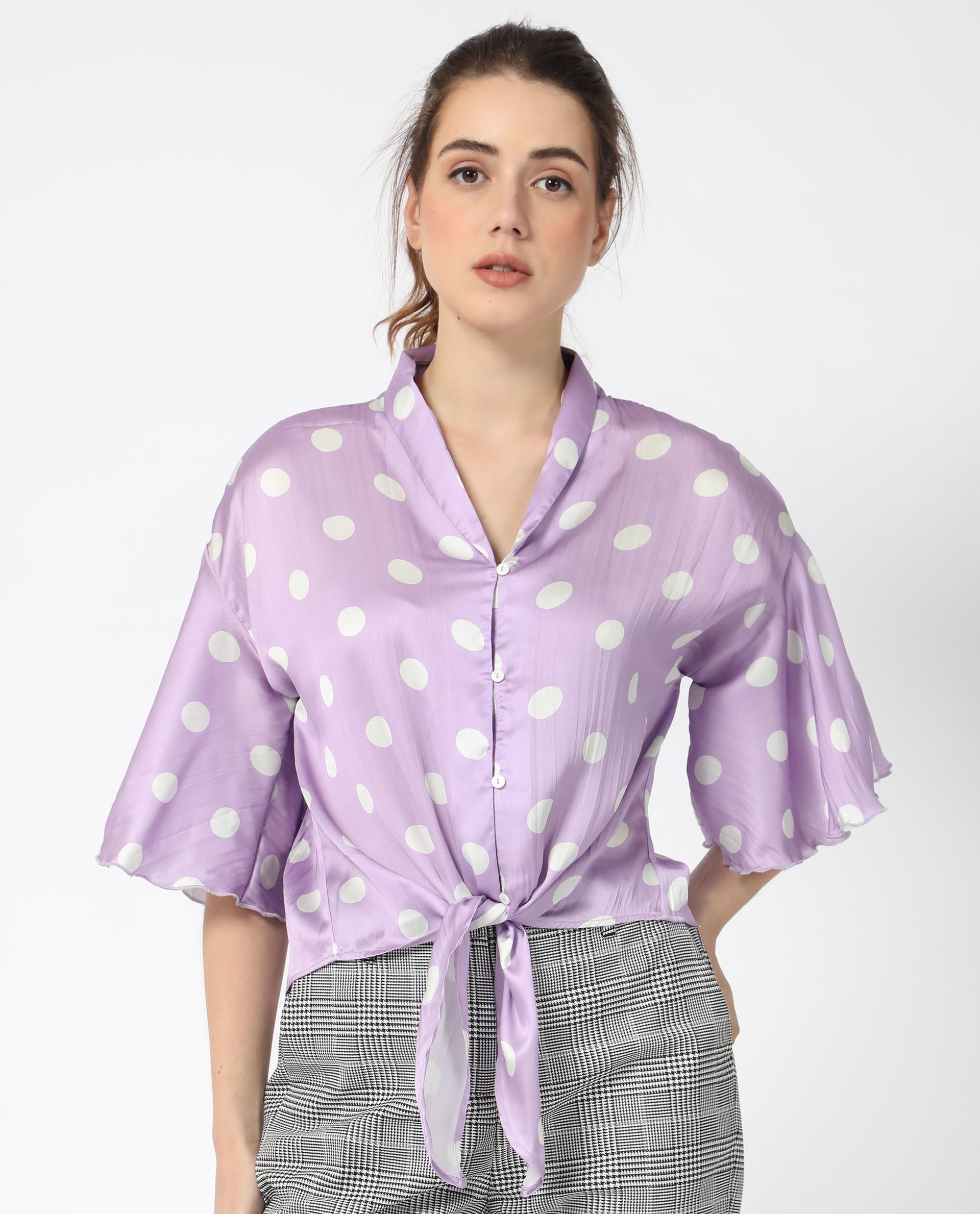 Women'S Izzy Pastel Purple Polyester Fabric Short Sleeves Button Closure Flared Sleeve Regular Fit Polka Blouse Top