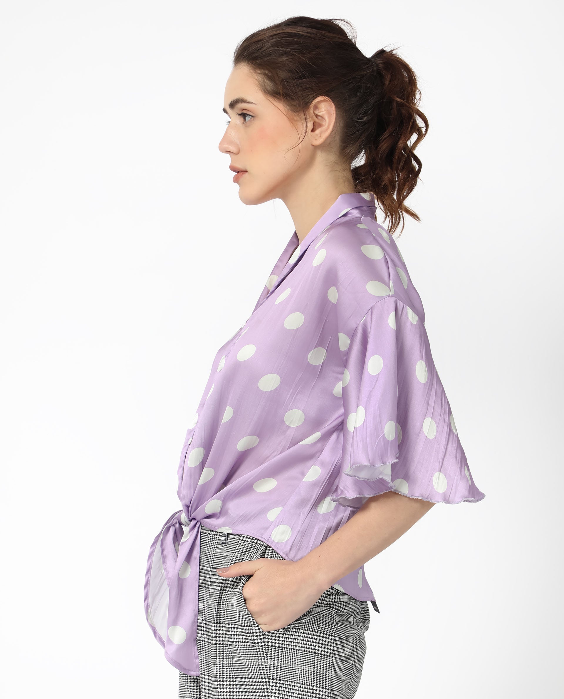 Women'S Izzy Pastel Purple Polyester Fabric Short Sleeves Button Closure Flared Sleeve Regular Fit Polka Blouse Top