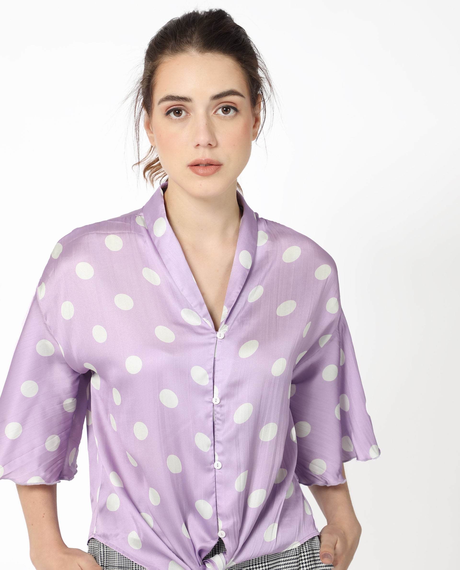 Women'S Izzy Pastel Purple Polyester Fabric Short Sleeves Button Closure Flared Sleeve Regular Fit Polka Blouse Top