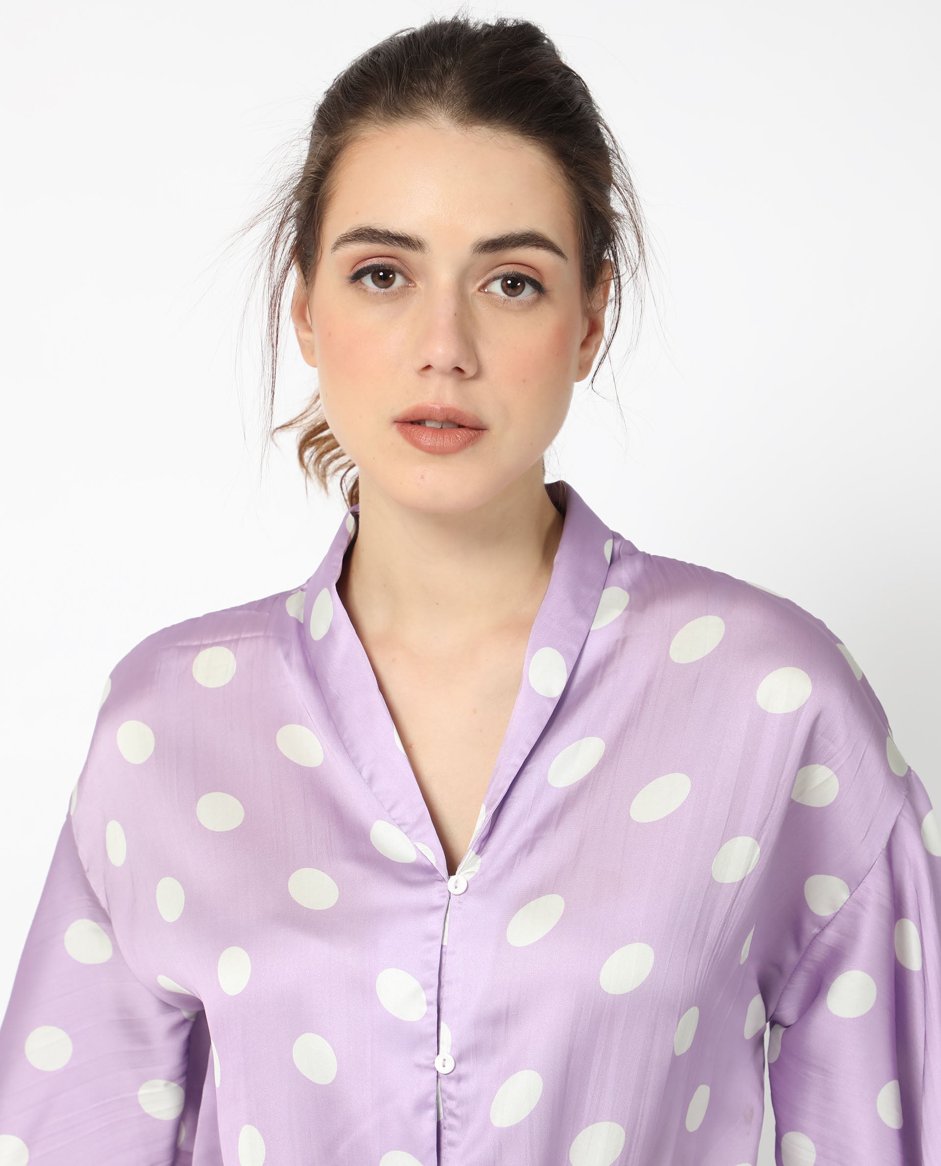 Women'S Izzy Pastel Purple Polyester Fabric Short Sleeves Button Closure Flared Sleeve Regular Fit Polka Blouse Top