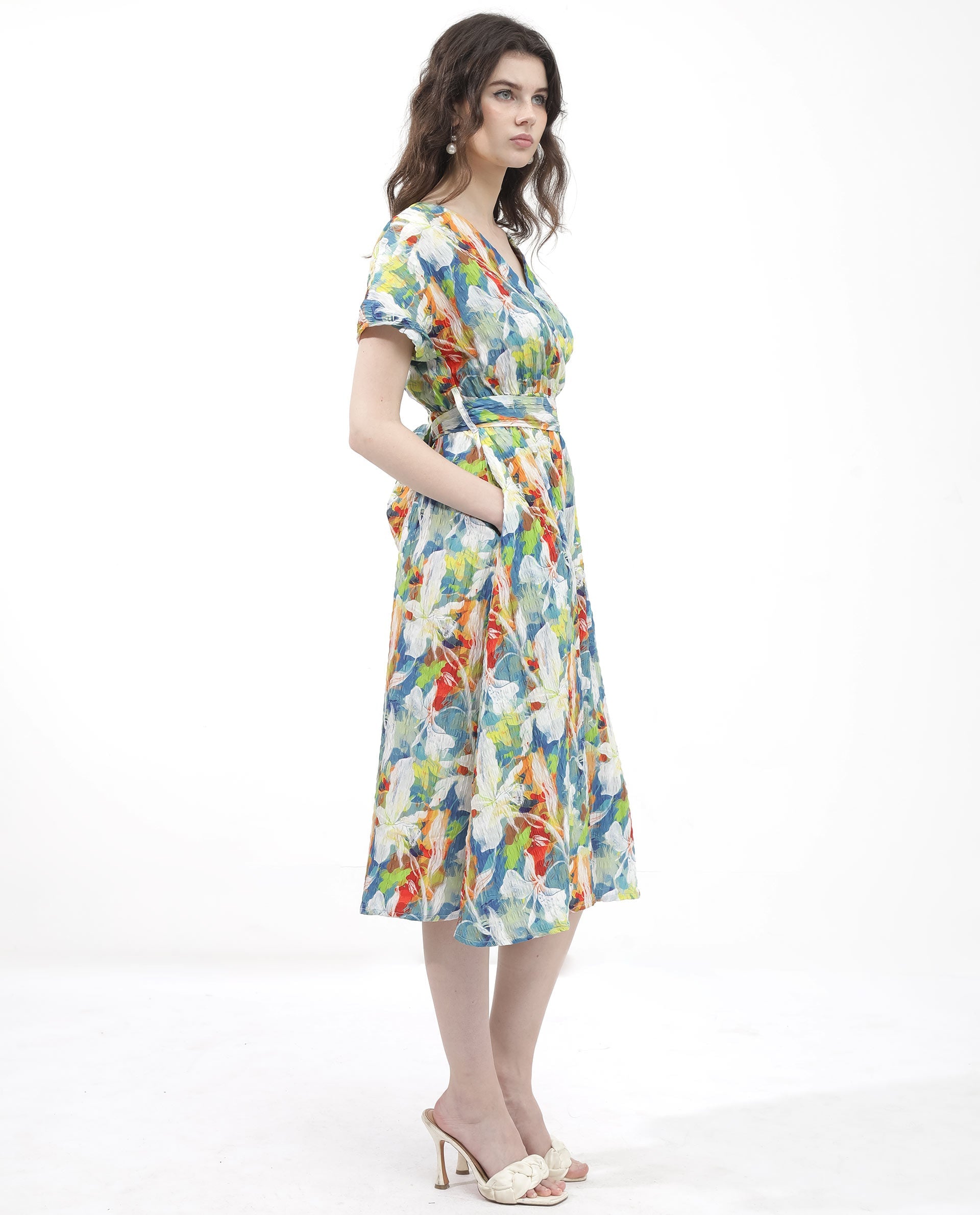 Women'S Jaci Light Multi Poly Lycra Fabric Short Sleeve Over Lap Neck Wrap Floral Print Regular Fit Dress