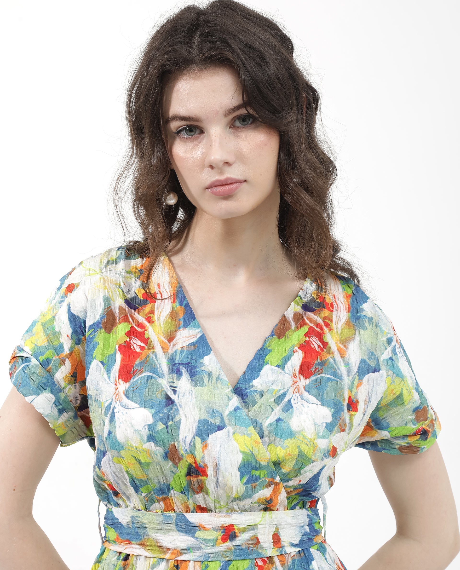 Women'S Jaci Light Multi Poly Lycra Fabric Short Sleeve Over Lap Neck Wrap Floral Print Regular Fit Dress