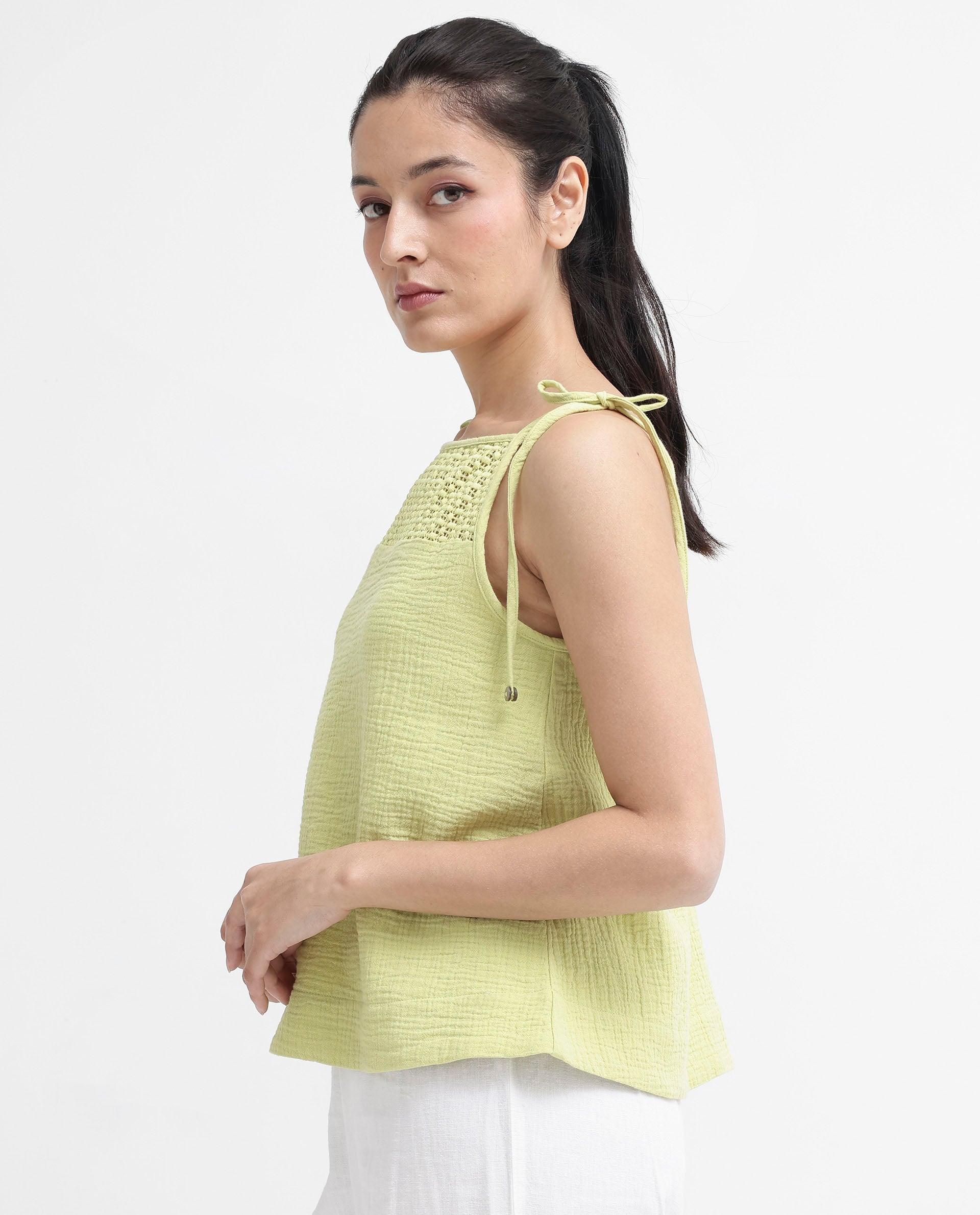 Women'S Jordyn-T Flouroscent Green Cotton Fabric Sleeveless Shoulder Straps Tie Up Closure Plain Top