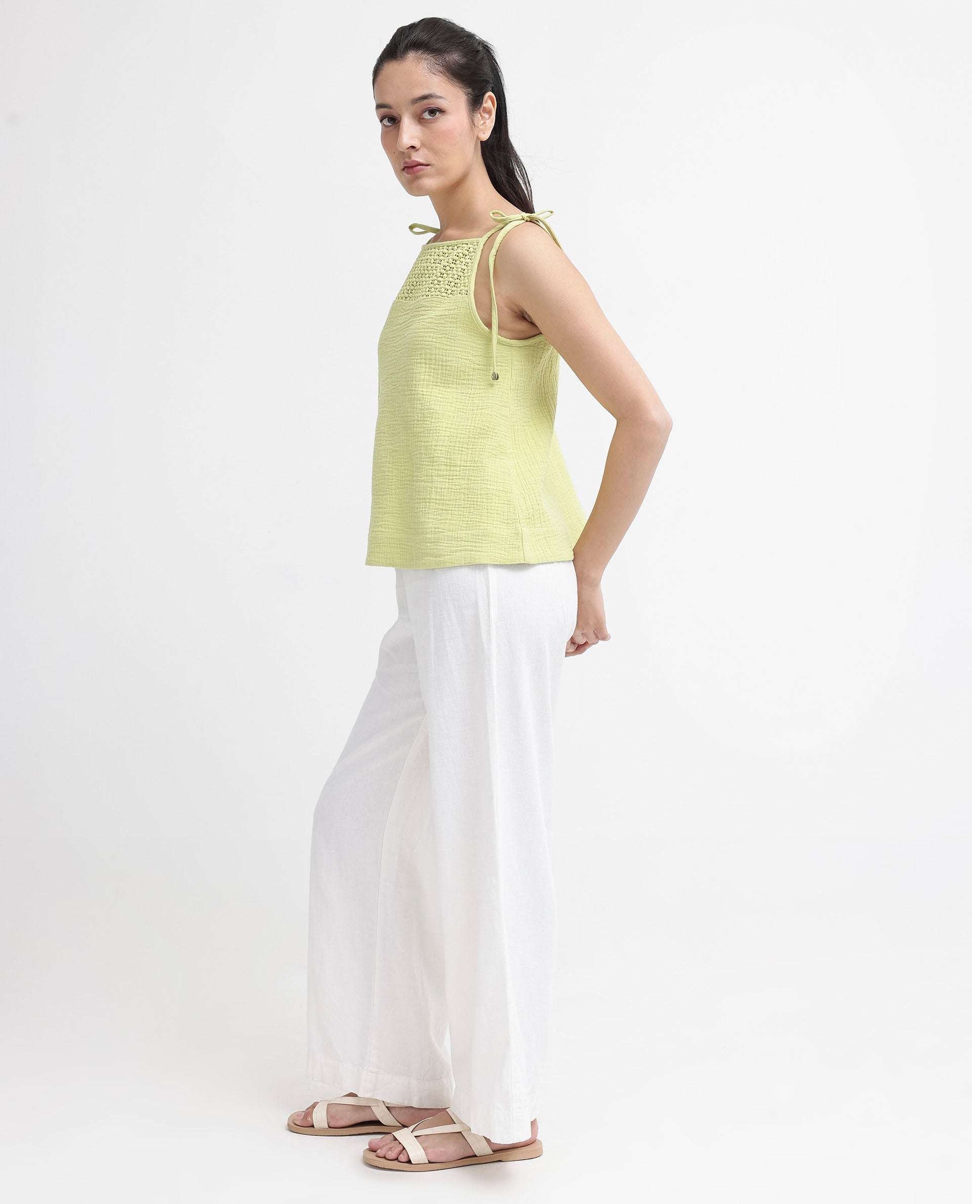 Women'S Jordyn-T Flouroscent Green Cotton Fabric Sleeveless Shoulder Straps Tie Up Closure Plain Top