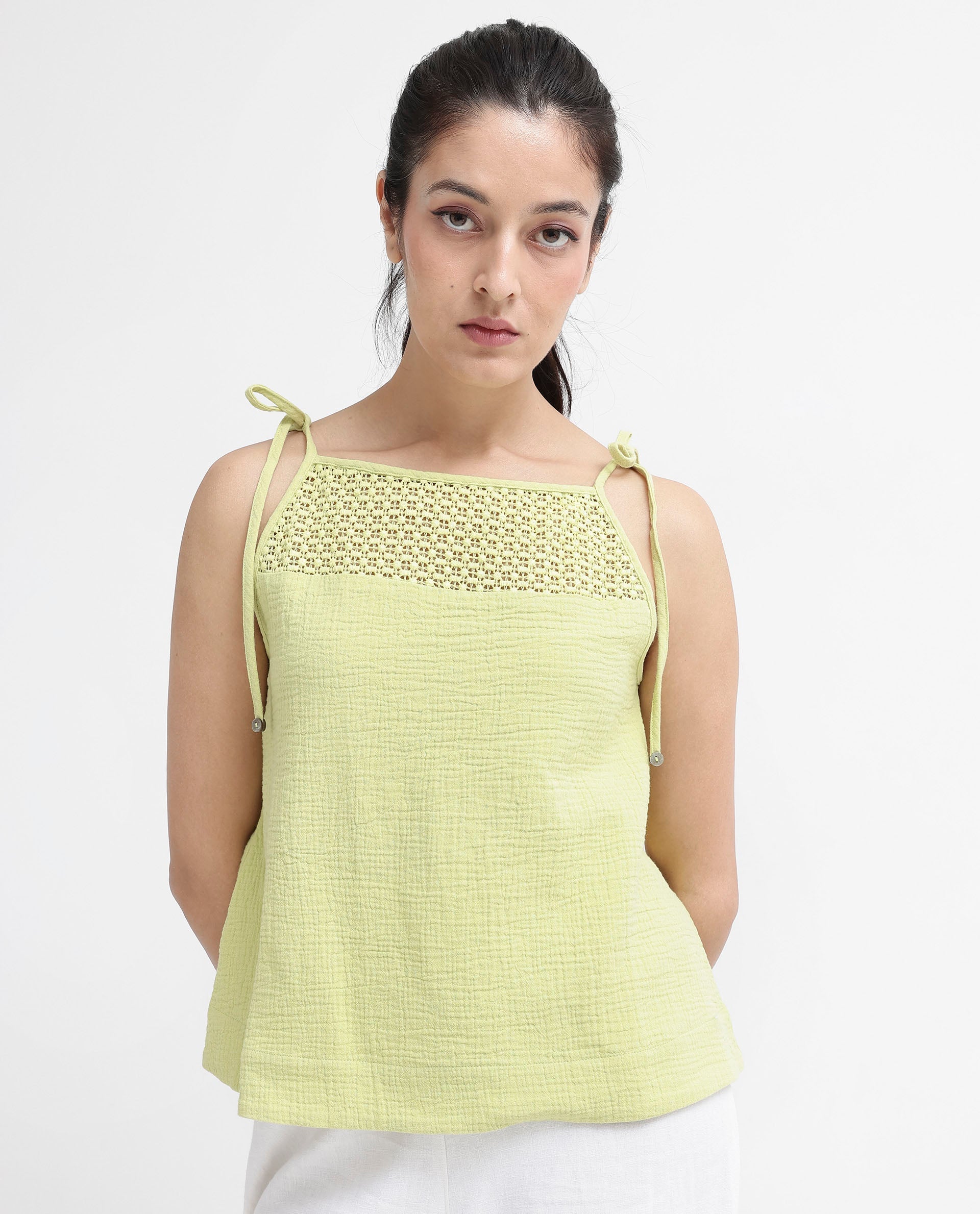 Women'S Jordyn-T Flouroscent Green Cotton Fabric Sleeveless Shoulder Straps Tie Up Closure Plain Top