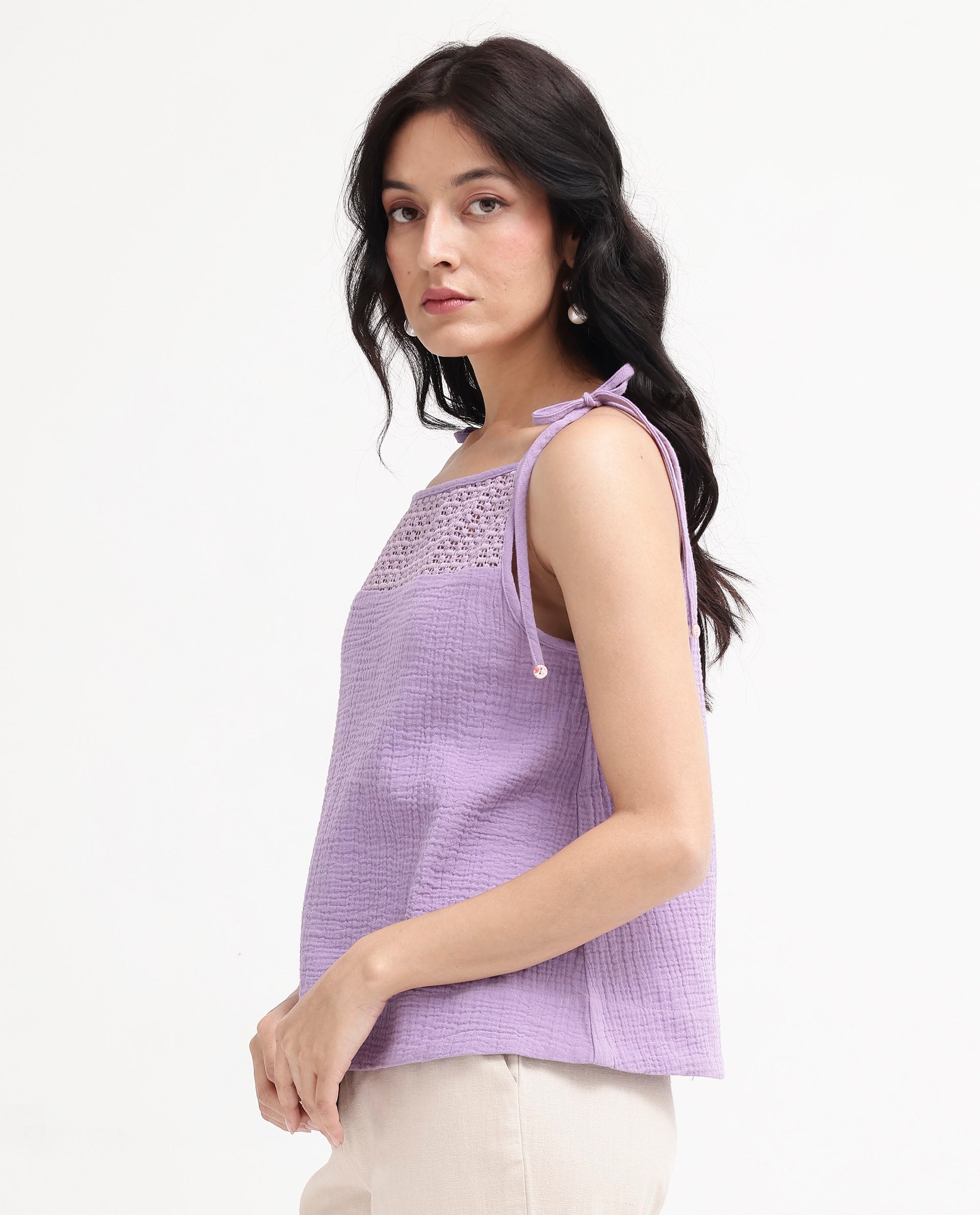 Women'S Jordyn-T Pastel Purple Cotton Fabric Sleeveless Shoulder Straps Tie Up Closure Plain Top