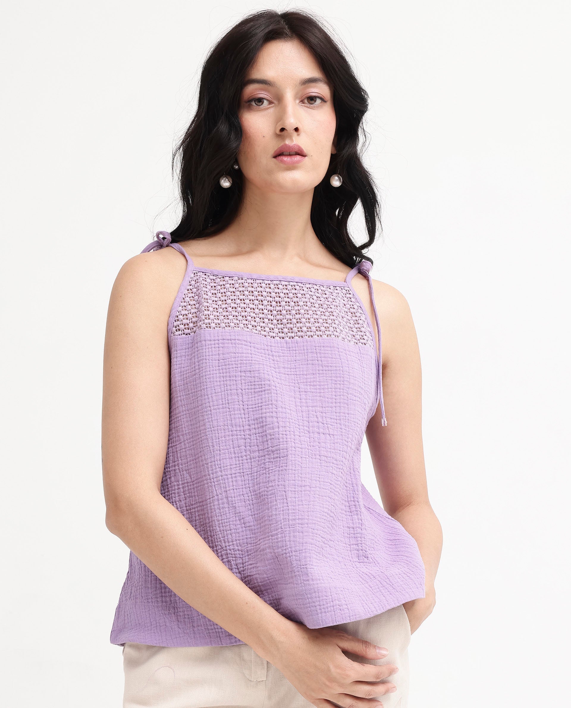 Women'S Jordyn-T Pastel Purple Cotton Fabric Sleeveless Shoulder Straps Tie Up Closure Plain Top