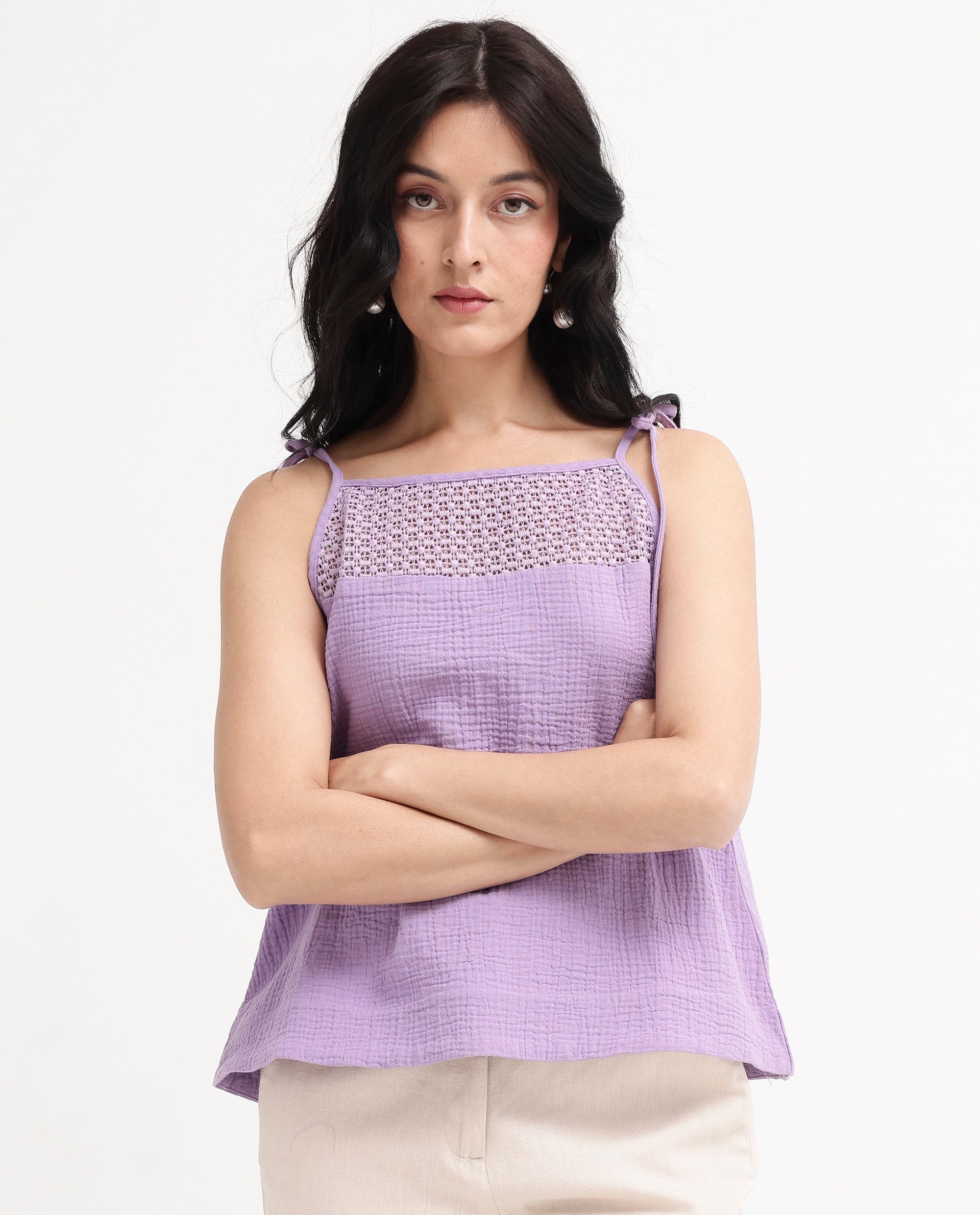 Women'S Jordyn-T Pastel Purple Cotton Fabric Sleeveless Shoulder Straps Tie Up Closure Plain Top