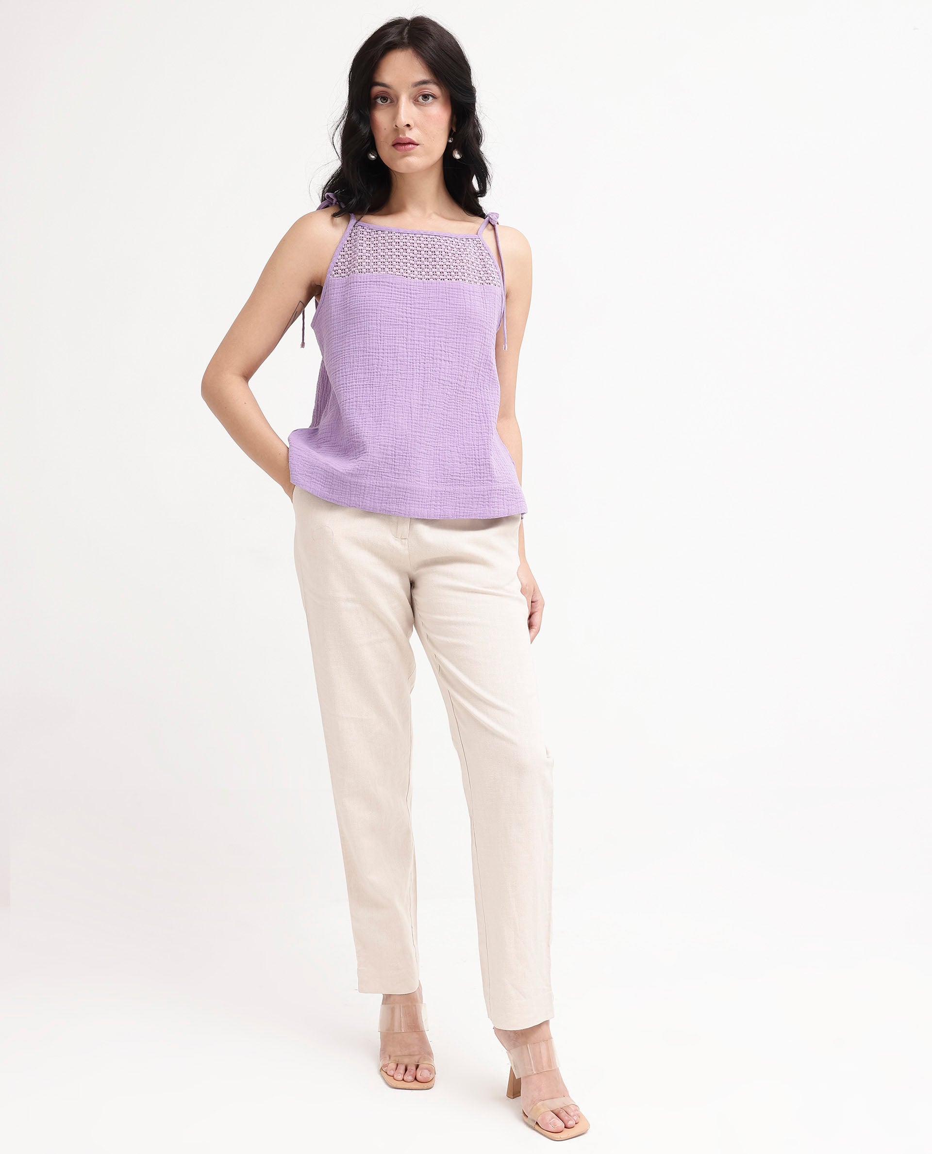 Women'S Jordyn-T Pastel Purple Cotton Fabric Sleeveless Shoulder Straps Tie Up Closure Plain Top