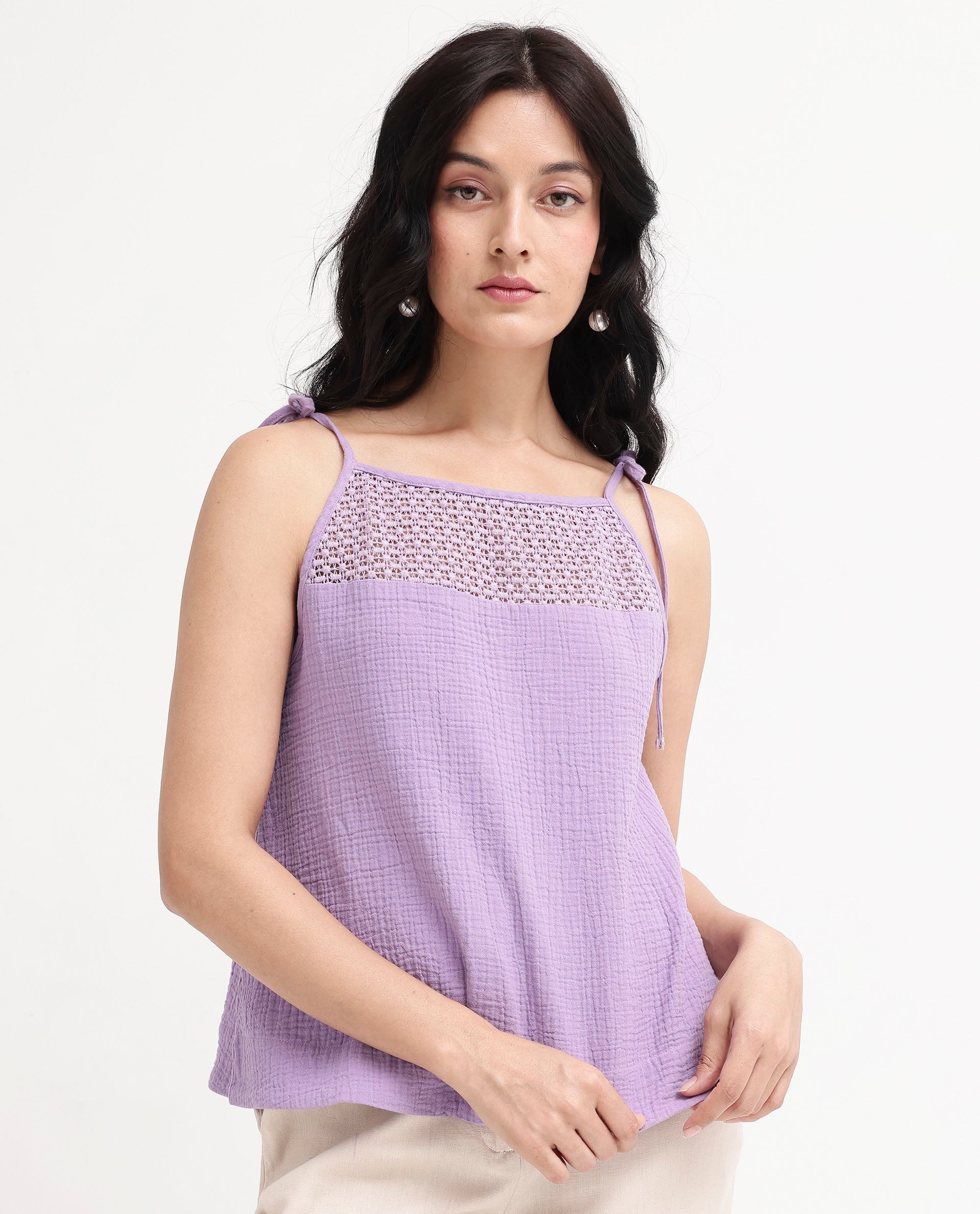 Women'S Jordyn-T Pastel Purple Cotton Fabric Sleeveless Shoulder Straps Tie Up Closure Plain Top