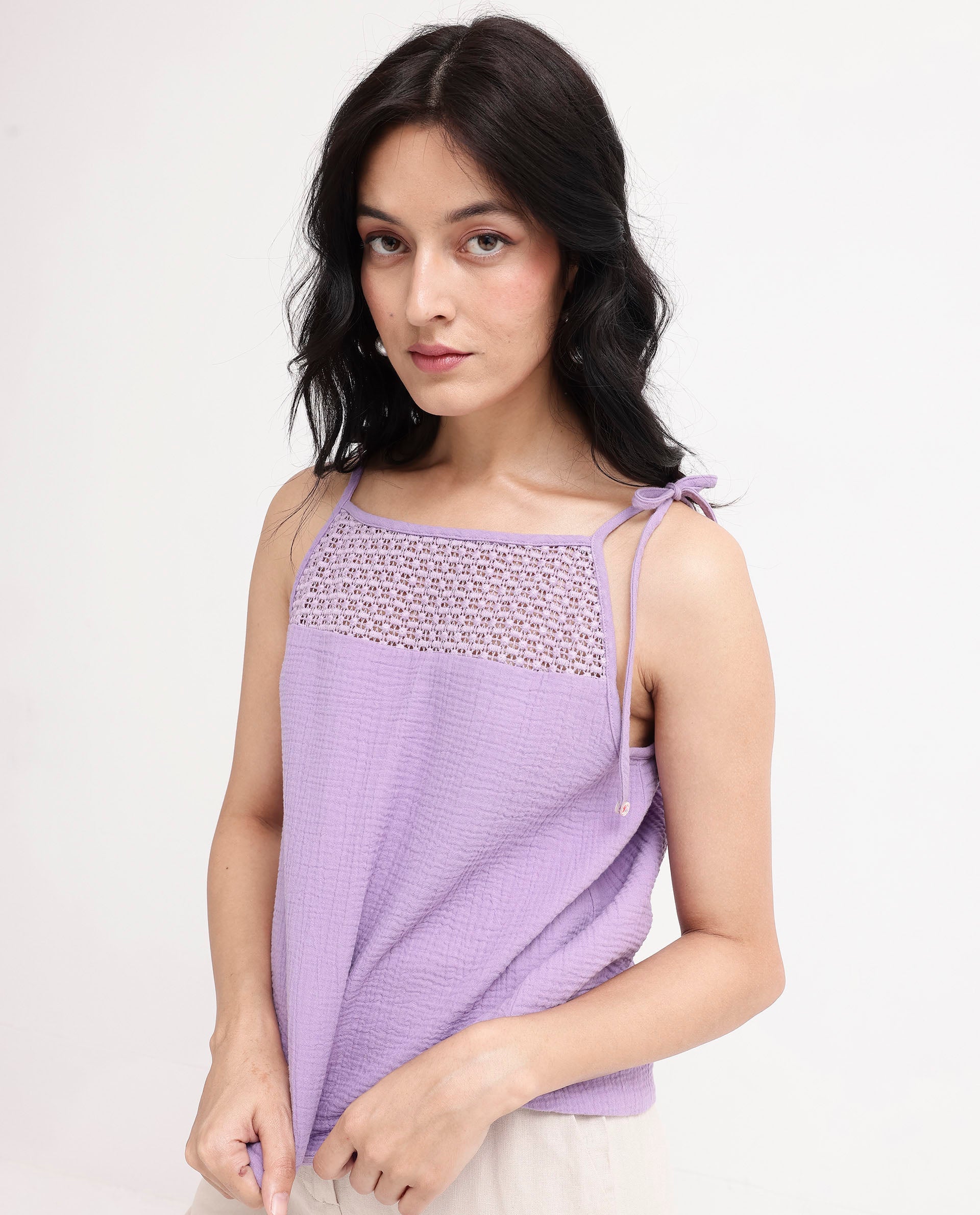 Women'S Jordyn-T Pastel Purple Cotton Fabric Sleeveless Shoulder Straps Tie Up Closure Plain Top