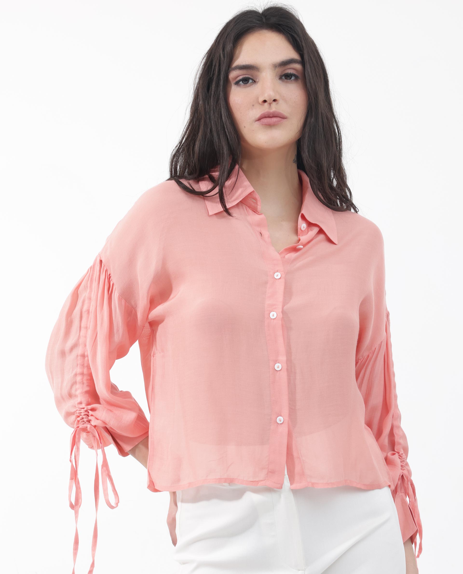 Women'S Jux Pastel Pink Poly Viscose Fabric Full Sleeve Collared Neck Solid Regular Length Top