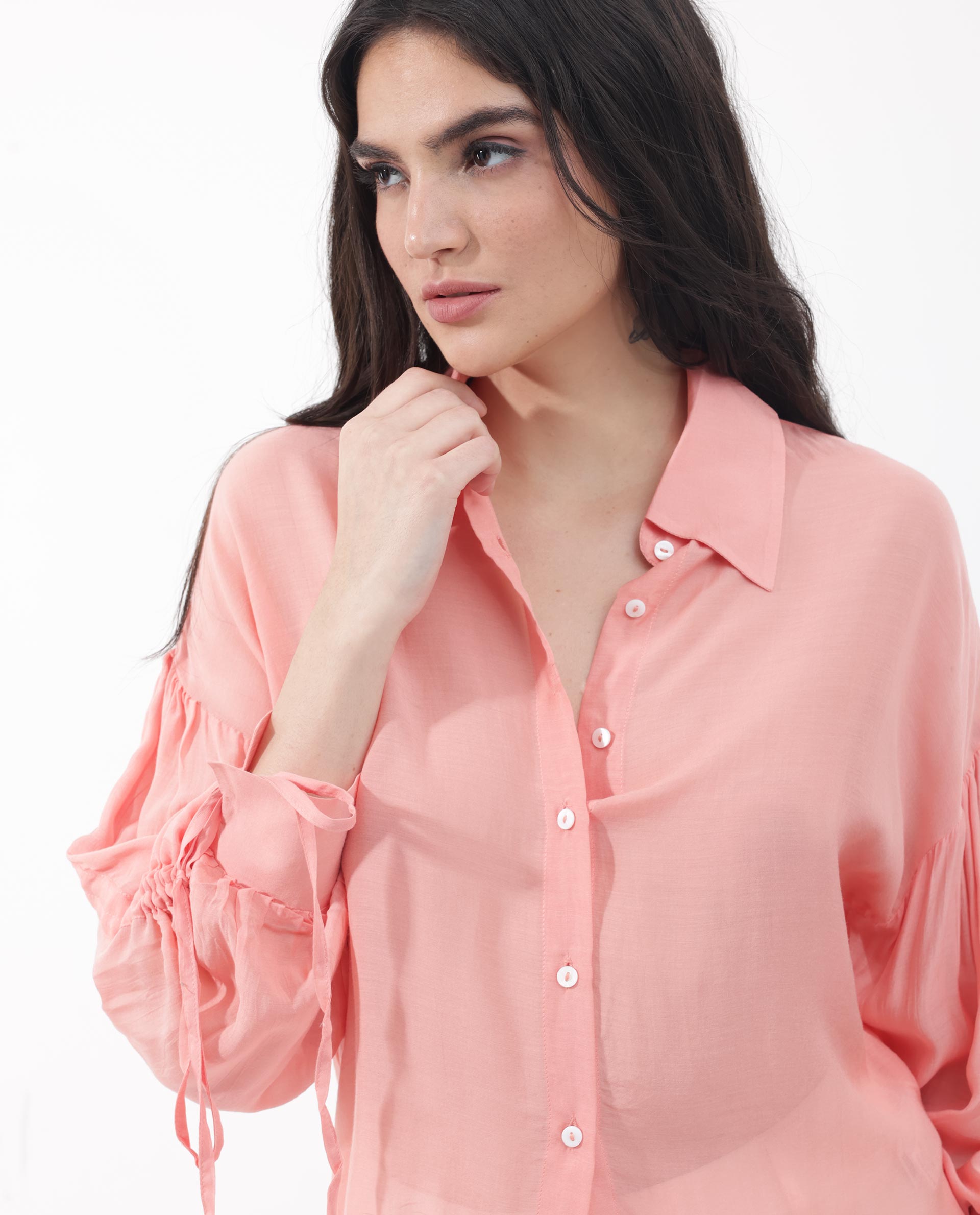 Women'S Jux Pastel Pink Poly Viscose Fabric Full Sleeve Collared Neck Solid Regular Length Top