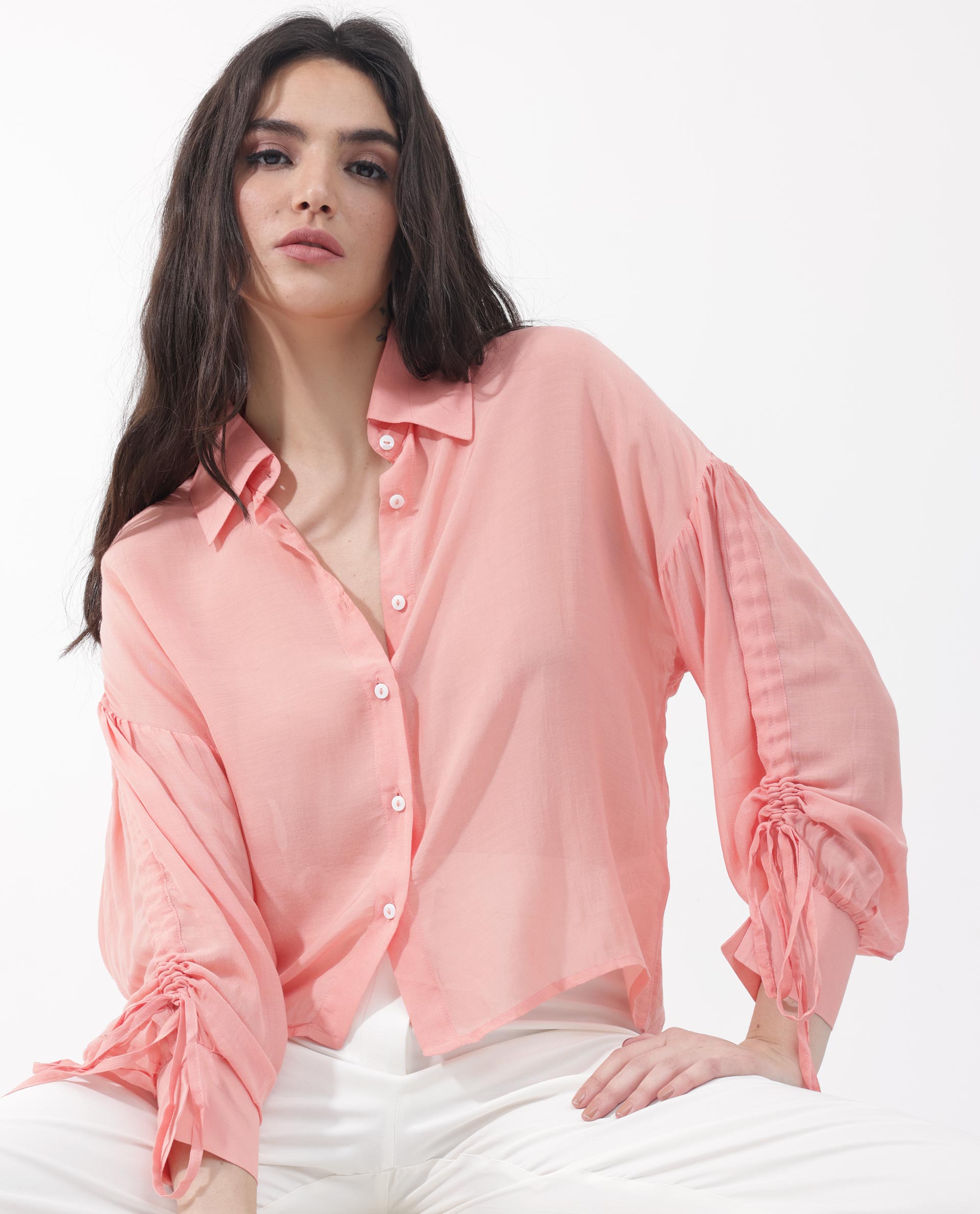 Women'S Jux Pastel Pink Poly Viscose Fabric Full Sleeve Collared Neck Solid Regular Length Top