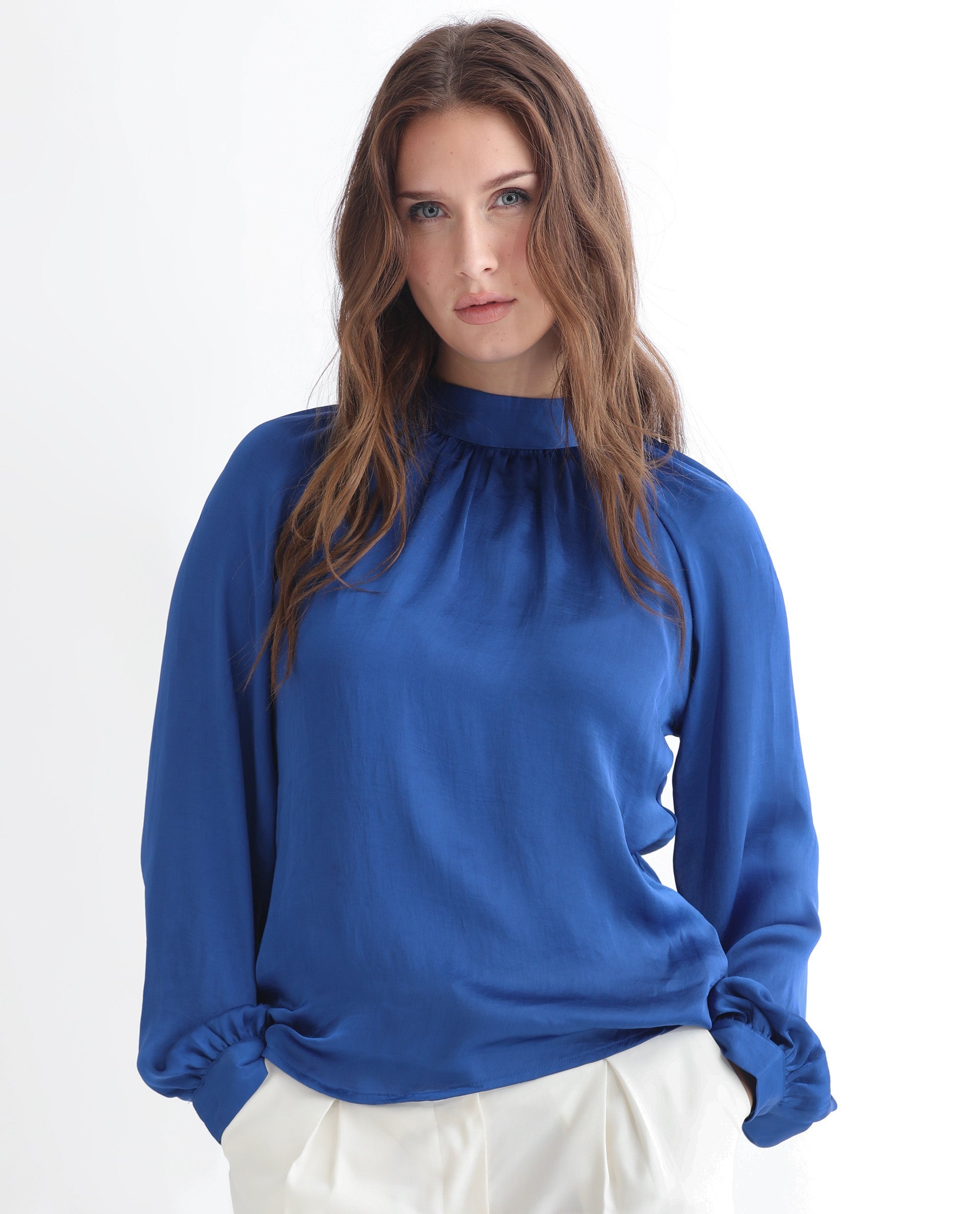 Women'S Kaylinn Flouroscent Blue Polyester Fabric Relaxed Fit High Neck Full Sleeves Solid Top