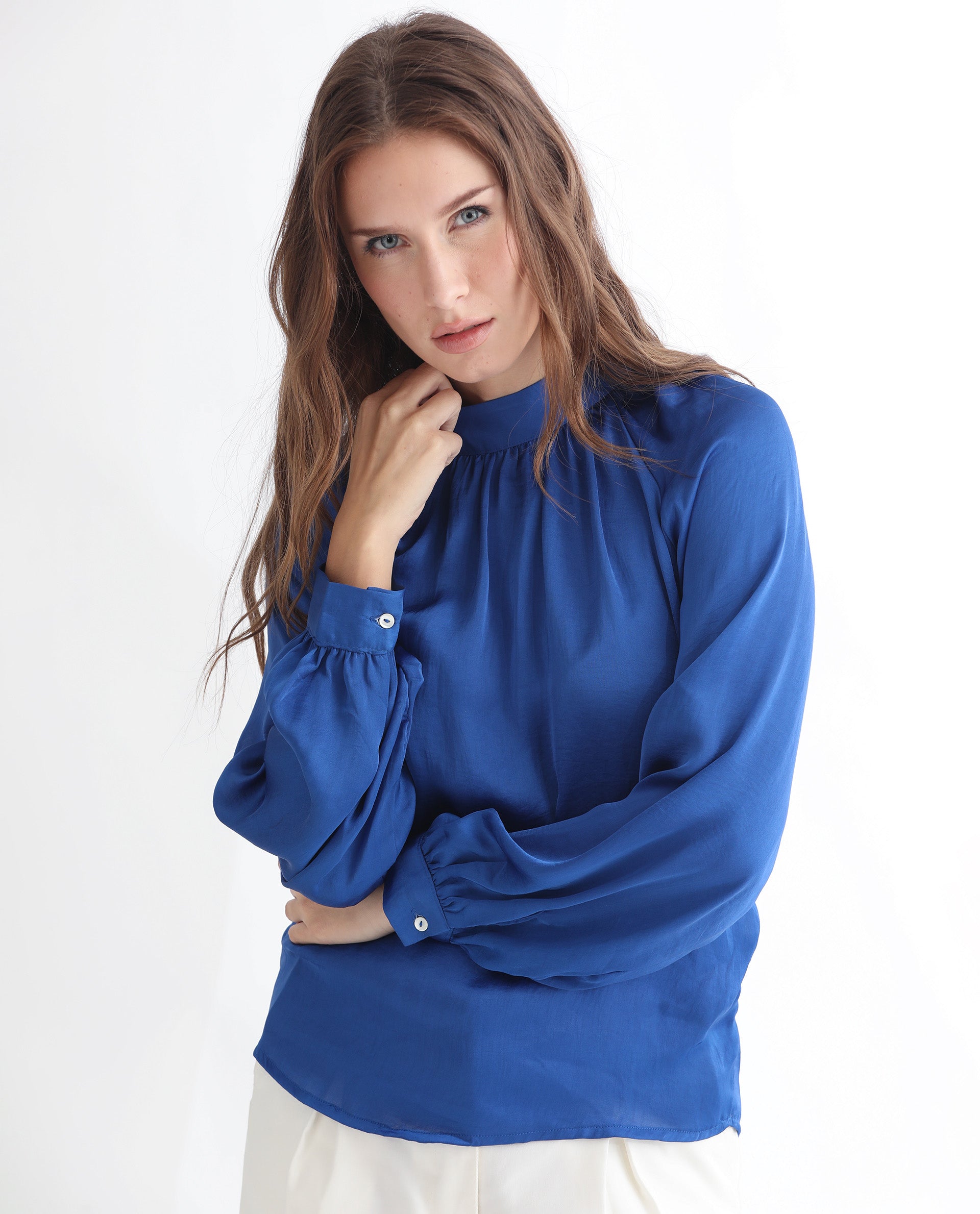 Women'S Kaylinn Flouroscent Blue Polyester Fabric Relaxed Fit High Neck Full Sleeves Solid Top