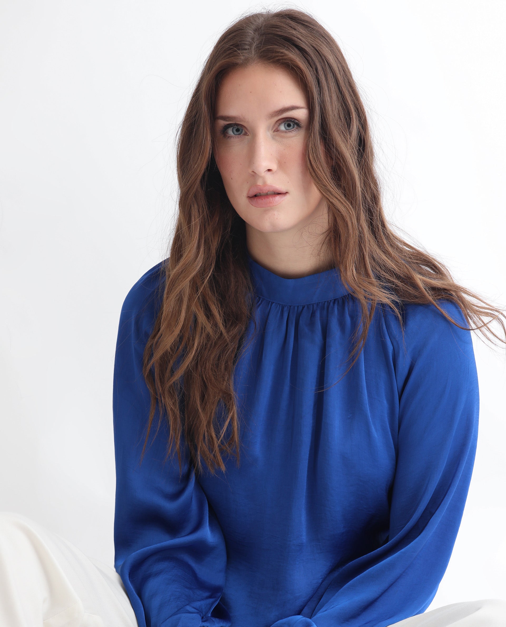 Women'S Kaylinn Flouroscent Blue Polyester Fabric Relaxed Fit High Neck Full Sleeves Solid Top