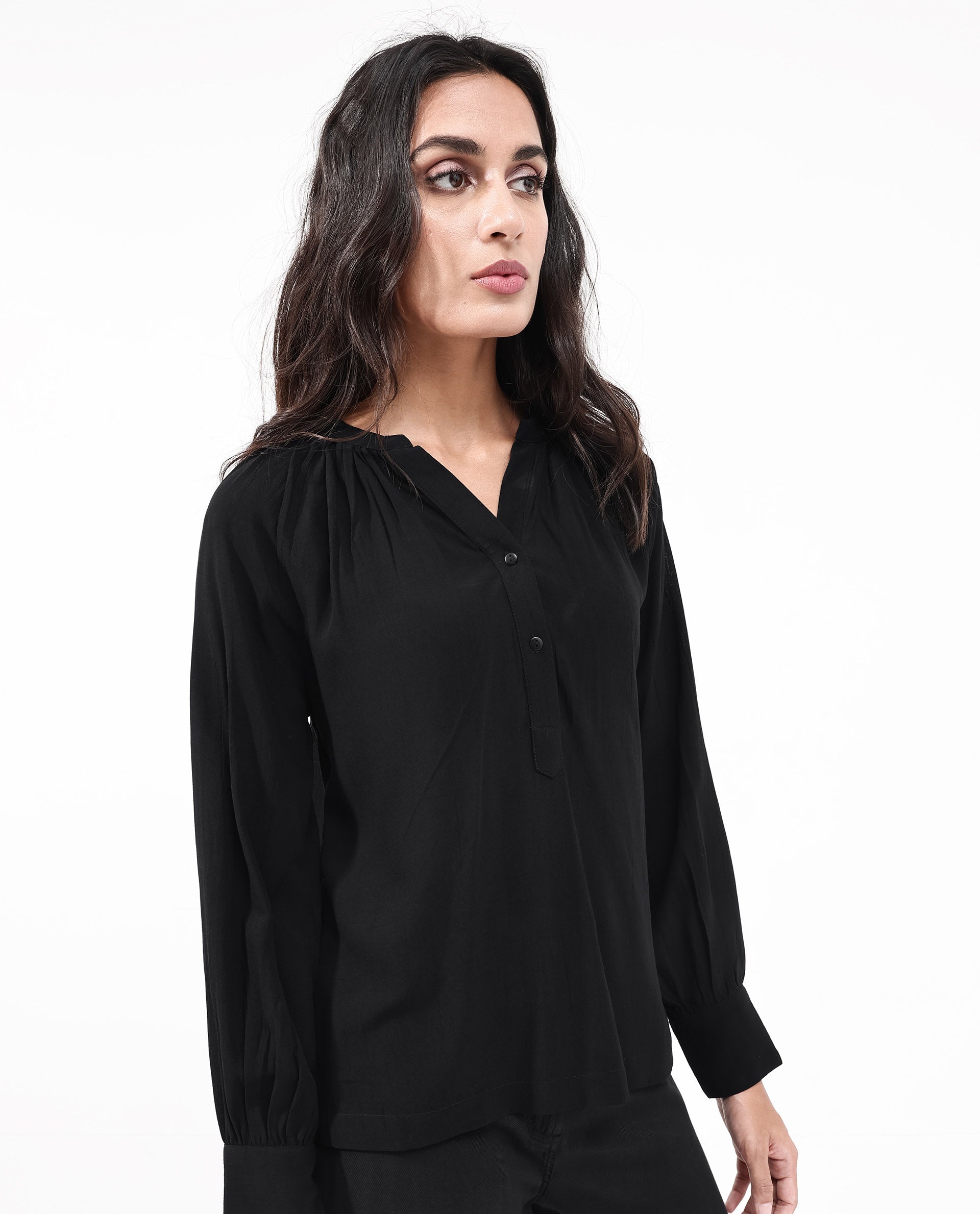 Women'S Kella Black Viscose Fabric Full Sleeve Round Neck Embroidered Top