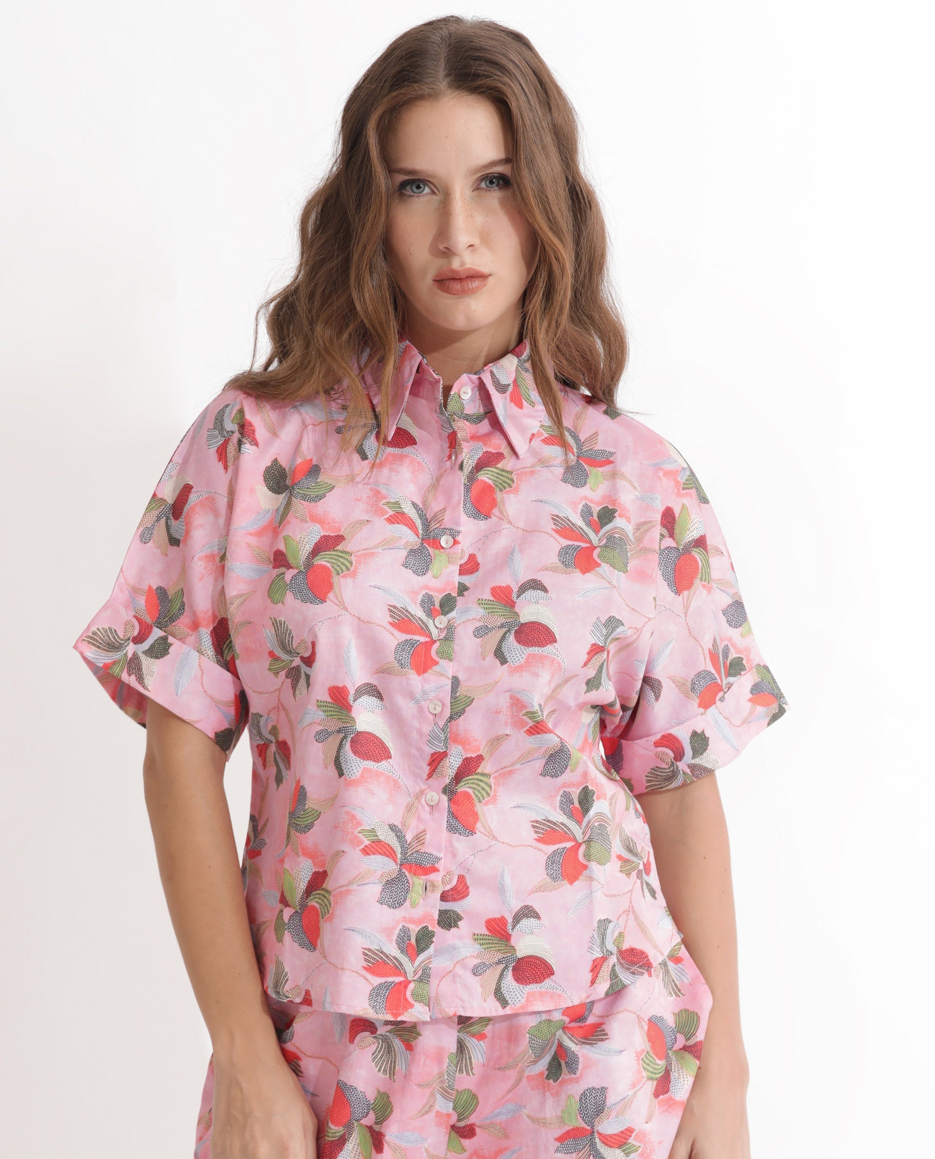 Women'S Kentoy-T Light Pink Cotton Fabric Short Sleeves Button Closure Shirt Collar Extended Sleeve Regular Fit Floral Print Top