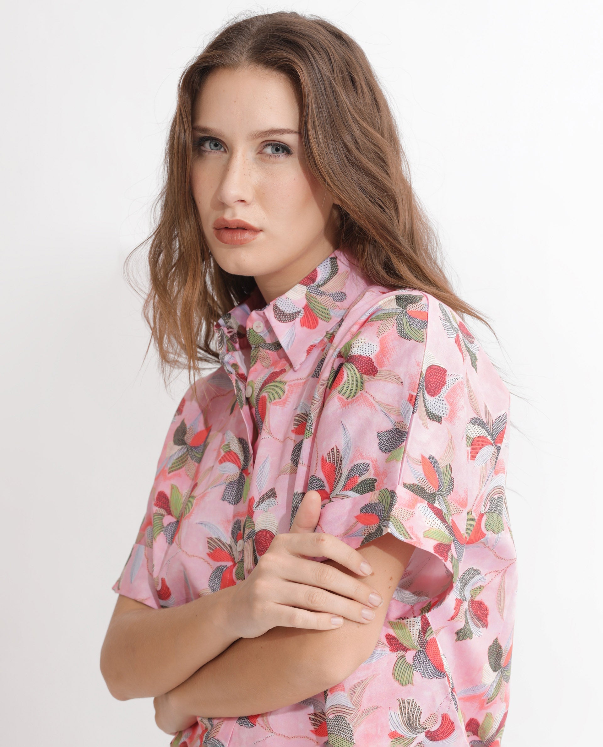 Women'S Kentoy-T Light Pink Cotton Fabric Short Sleeves Button Closure Shirt Collar Extended Sleeve Regular Fit Floral Print Top