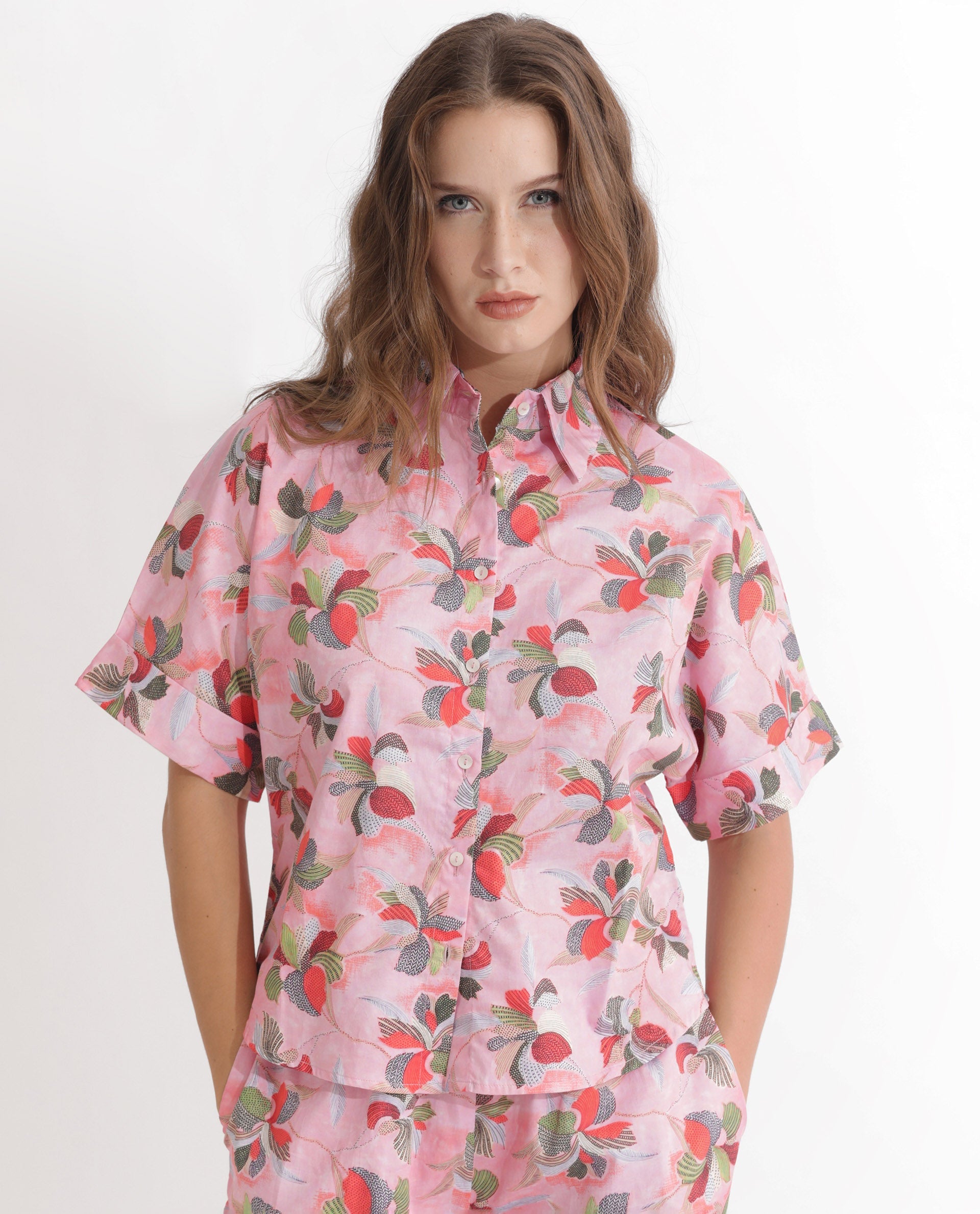 Women'S Kentoy-T Light Pink Cotton Fabric Short Sleeves Button Closure Shirt Collar Extended Sleeve Regular Fit Floral Print Top