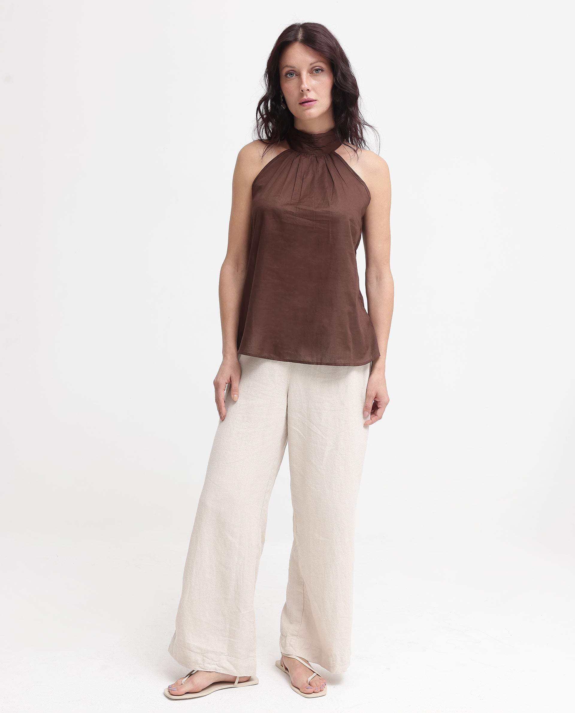 Womens Kirara Brown Halter Neck Plain and Solid Top