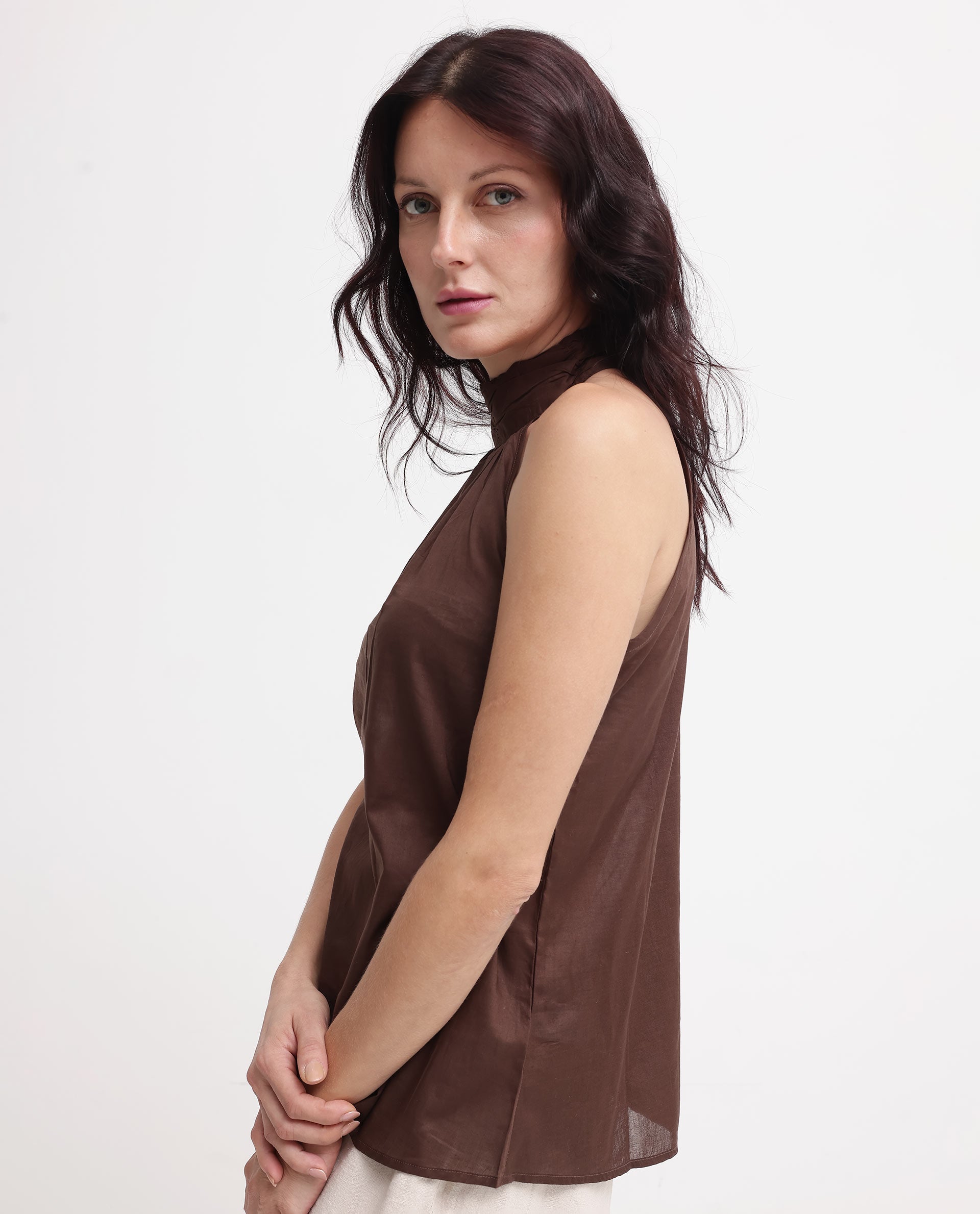 Womens Kirara Brown Halter Neck Plain and Solid Top