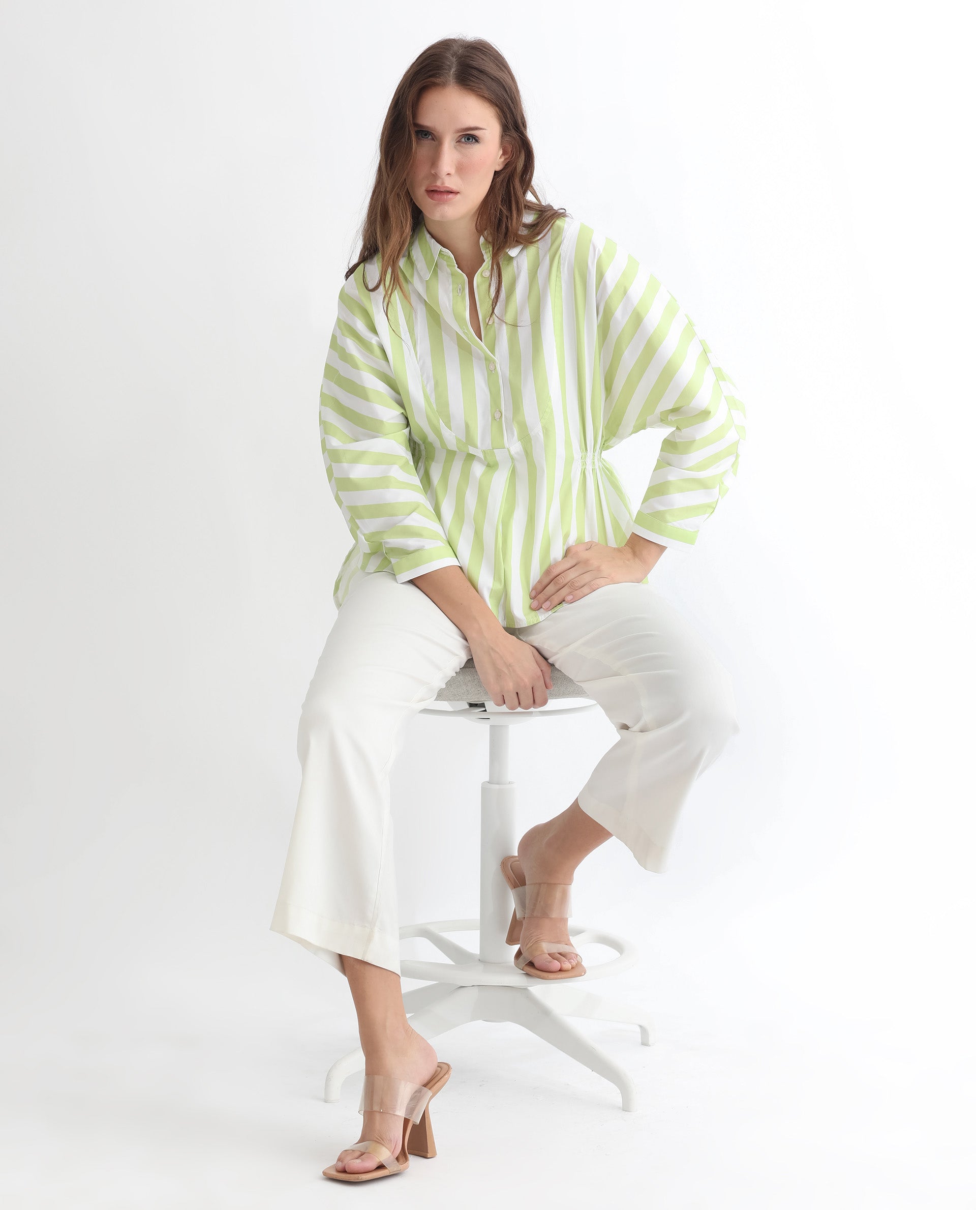 Women'S Kowski Green Cotton Lycra Fabric Regular Fit Shirt Collar Full Sleeves Striped Top