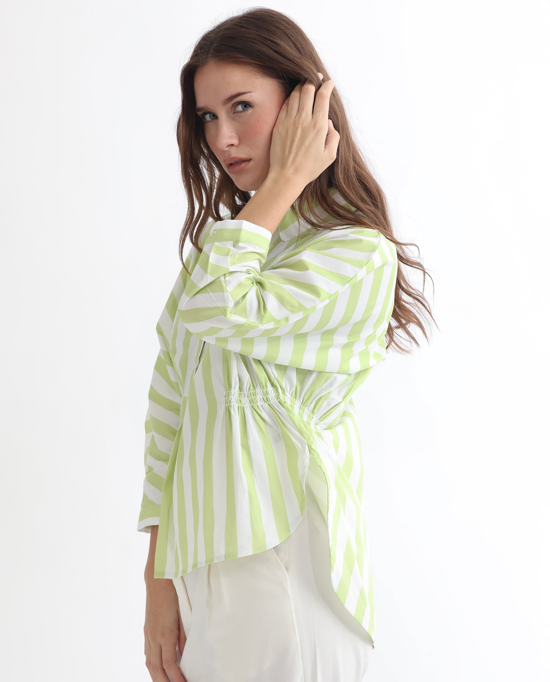 Women'S Kowski Green Cotton Lycra Fabric Regular Fit Shirt Collar Full Sleeves Striped Top