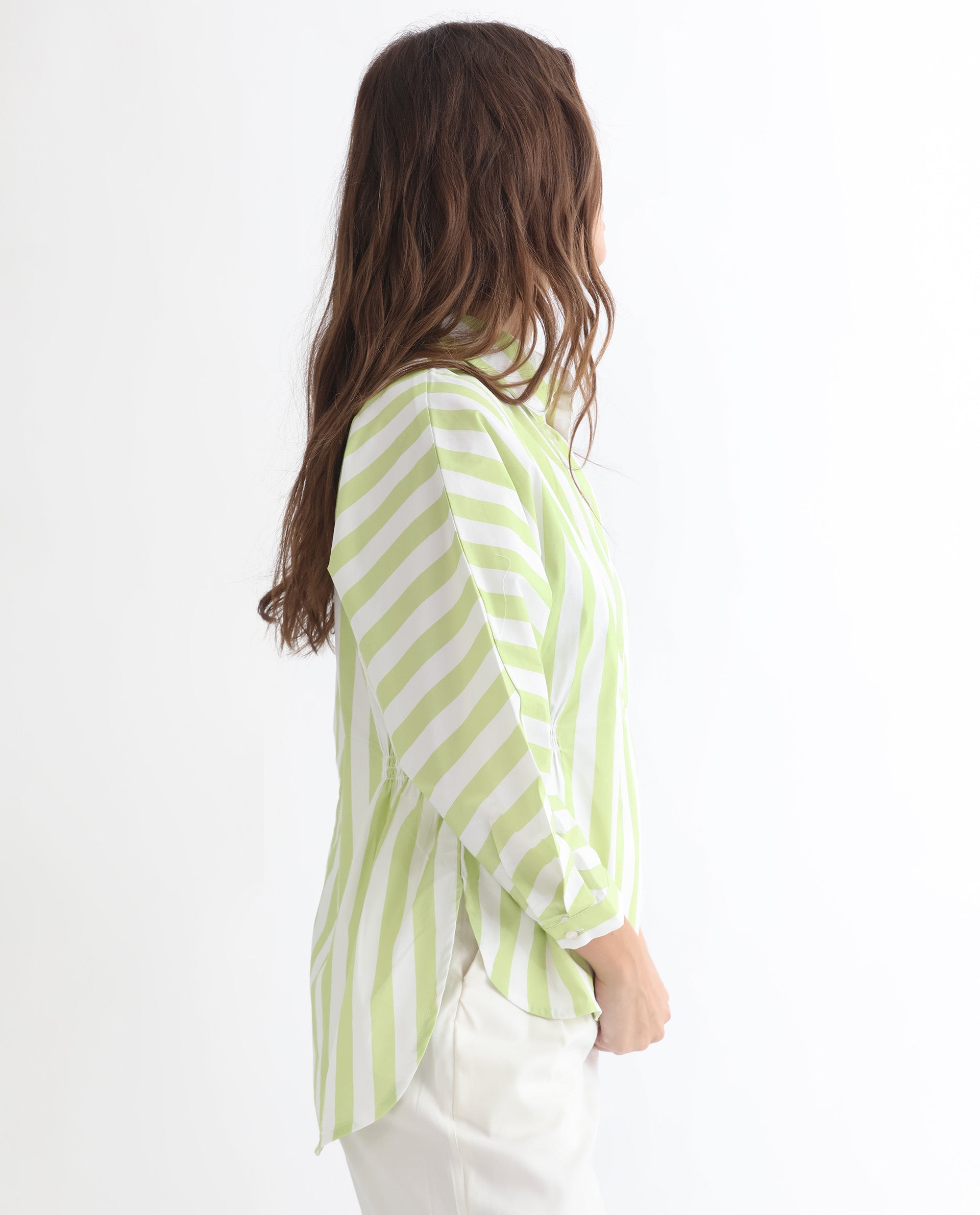 Women'S Kowski Green Cotton Lycra Fabric Regular Fit Shirt Collar Full Sleeves Striped Top