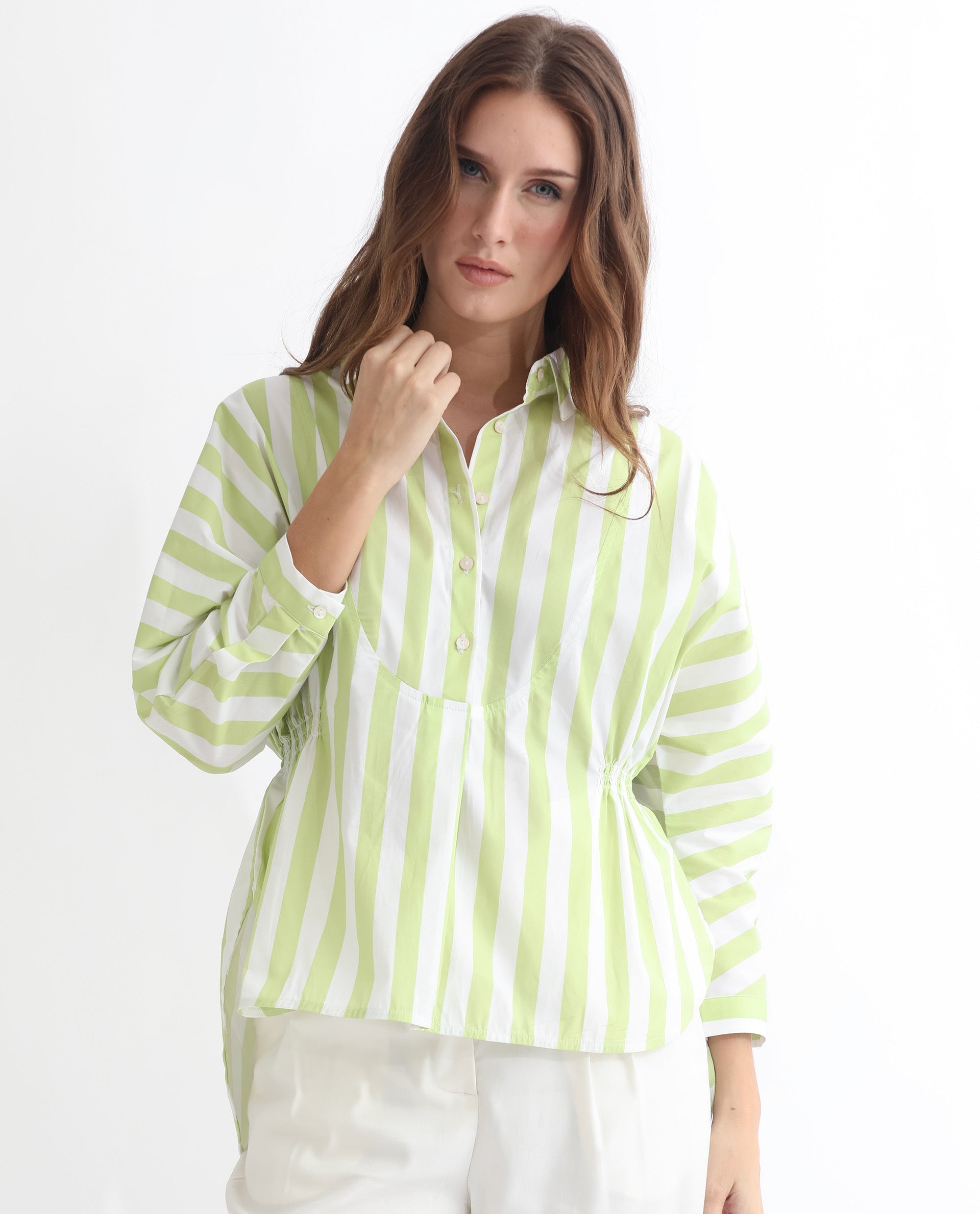 Women'S Kowski Green Cotton Lycra Fabric Regular Fit Shirt Collar Full Sleeves Striped Top