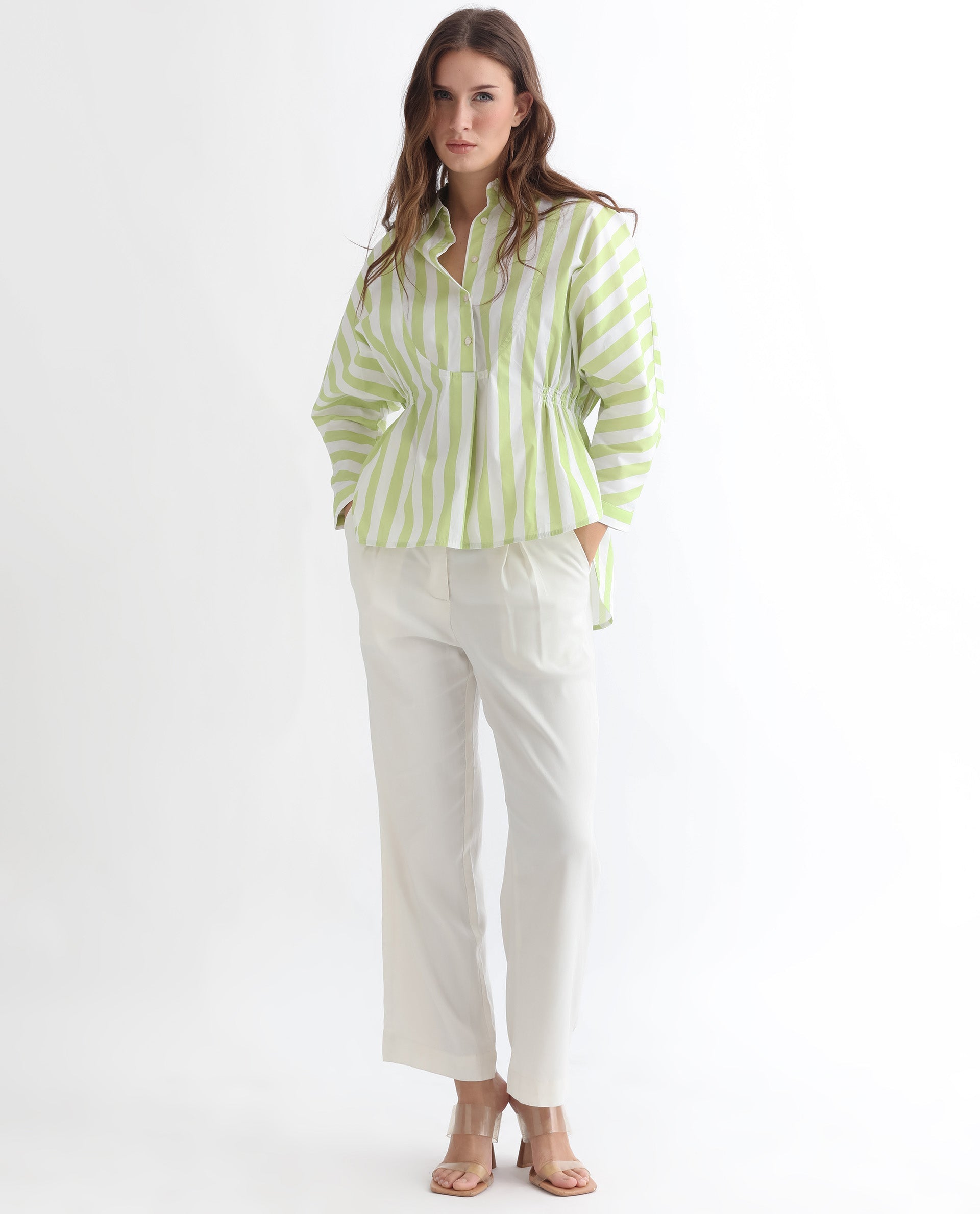 Women'S Kowski Green Cotton Lycra Fabric Regular Fit Shirt Collar Full Sleeves Striped Top