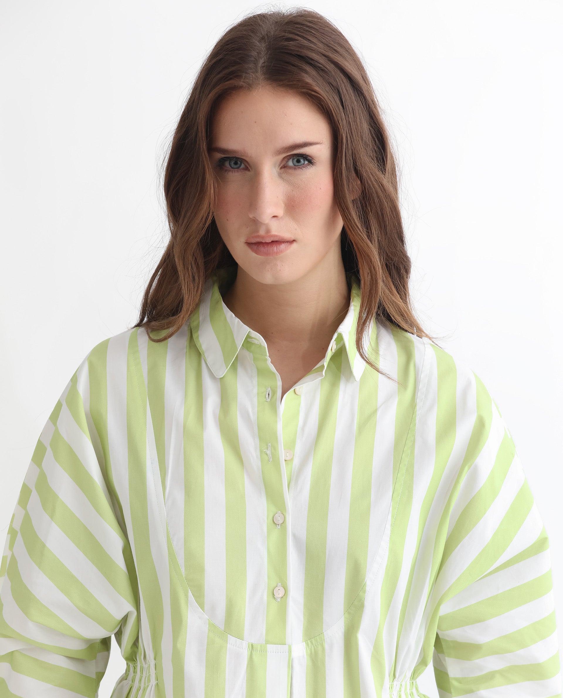 Women'S Kowski Green Cotton Lycra Fabric Regular Fit Shirt Collar Full Sleeves Striped Top