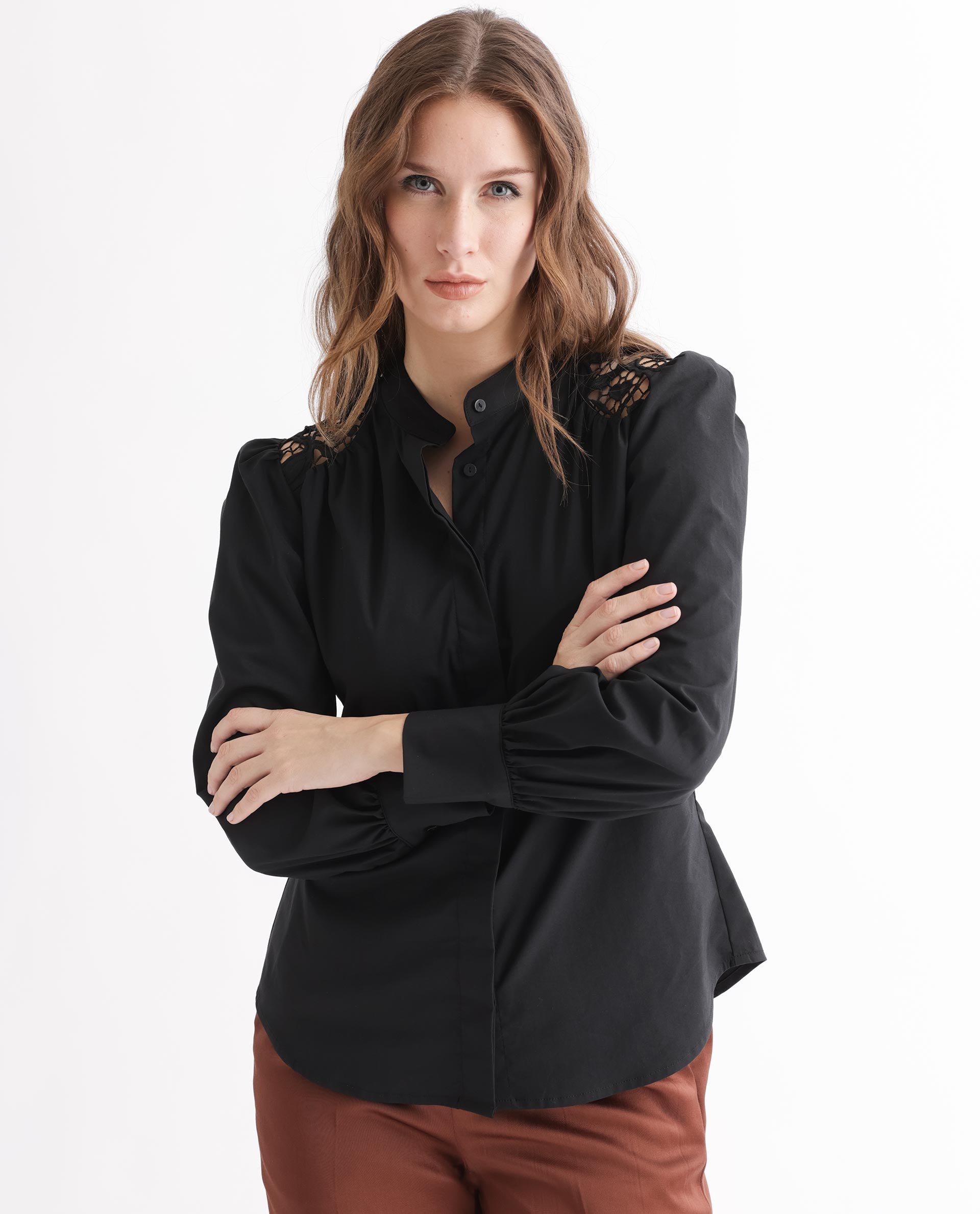 Women'S Laam Black Cotton Blend Fabric Full Sleeves Button Closure Mandarin Collar Balloon Sleeve Regular Fit Plain Top