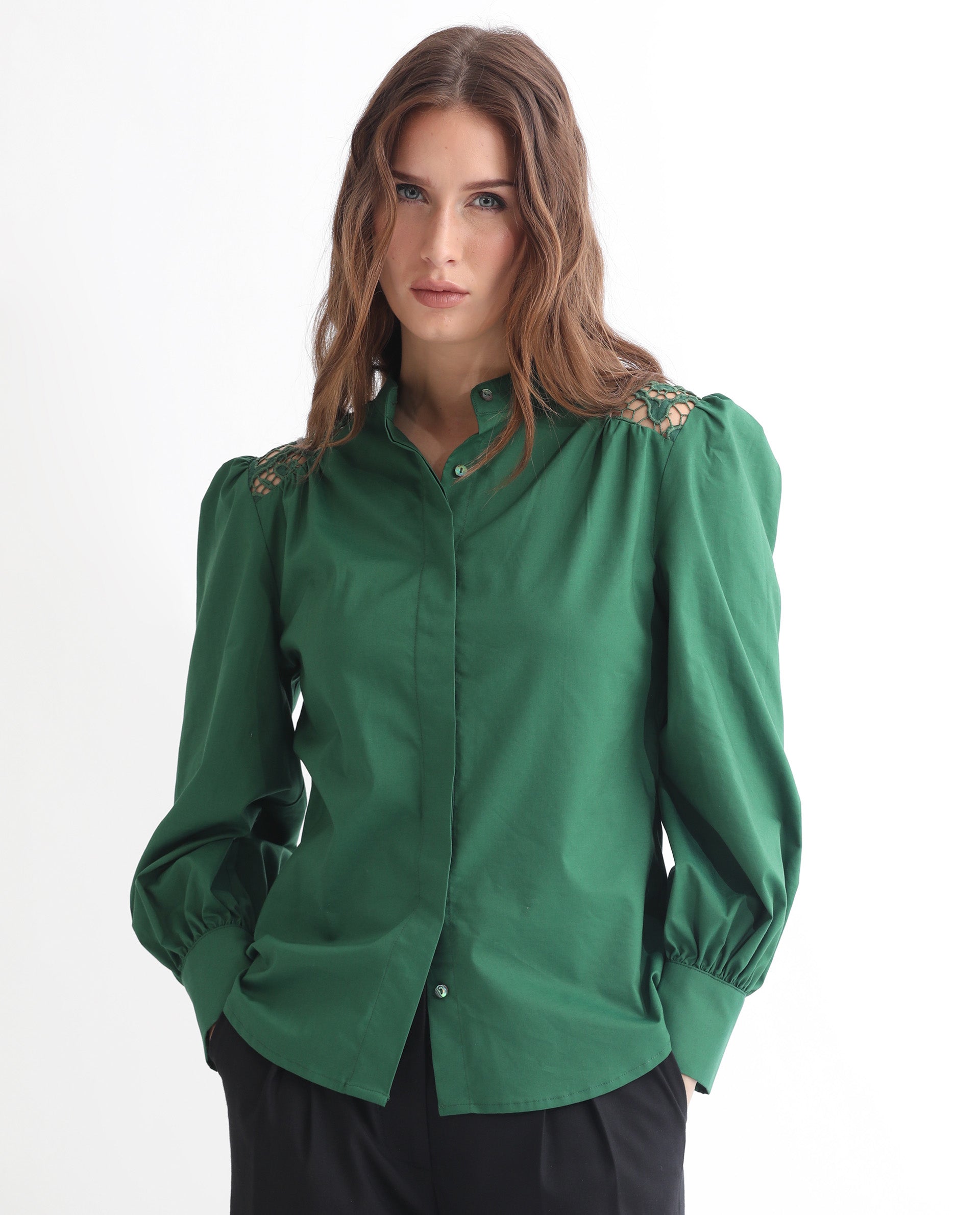 Women'S Laam Dark Green Cotton Blend Fabric Regular Fit Mandarin Collar Full Sleeves Solid Top