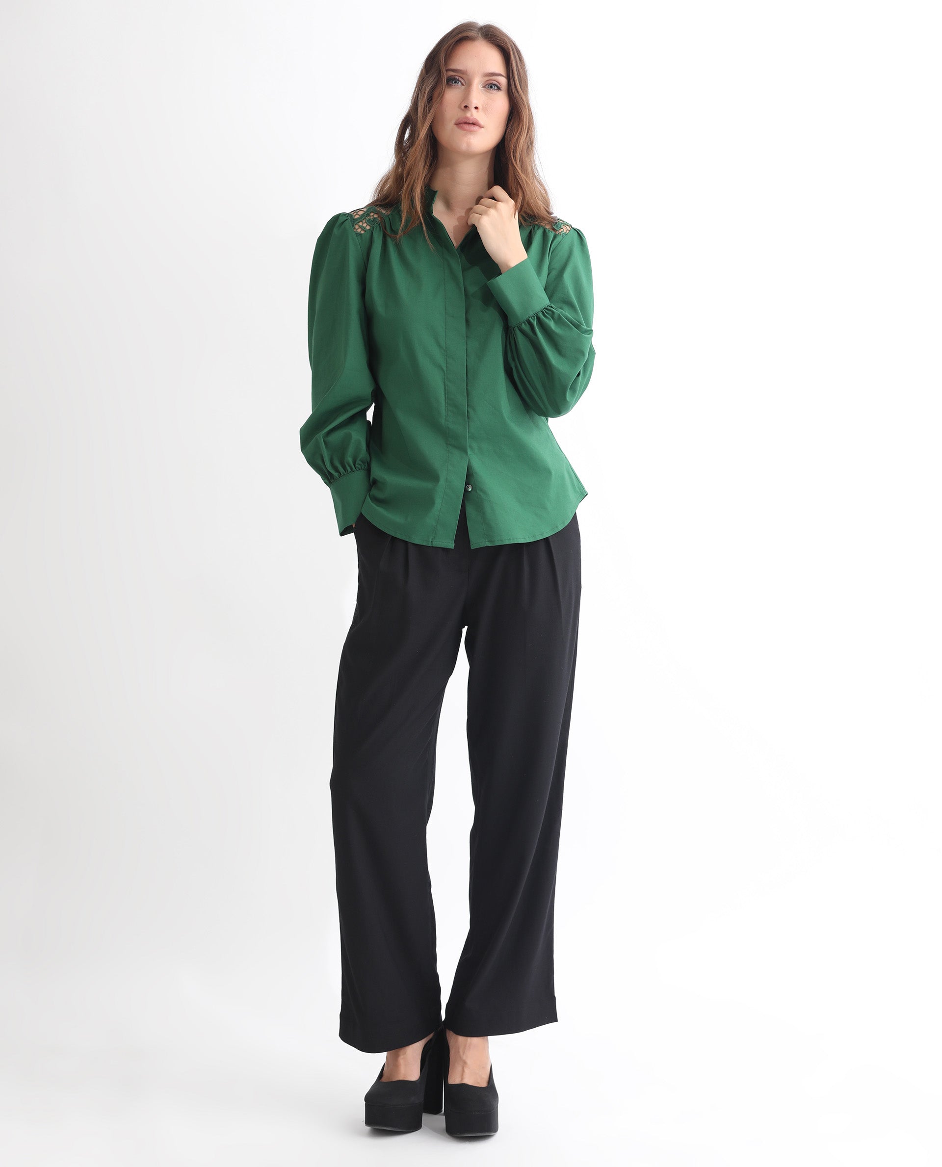 Women'S Laam Dark Green Cotton Blend Fabric Regular Fit Mandarin Collar Full Sleeves Solid Top